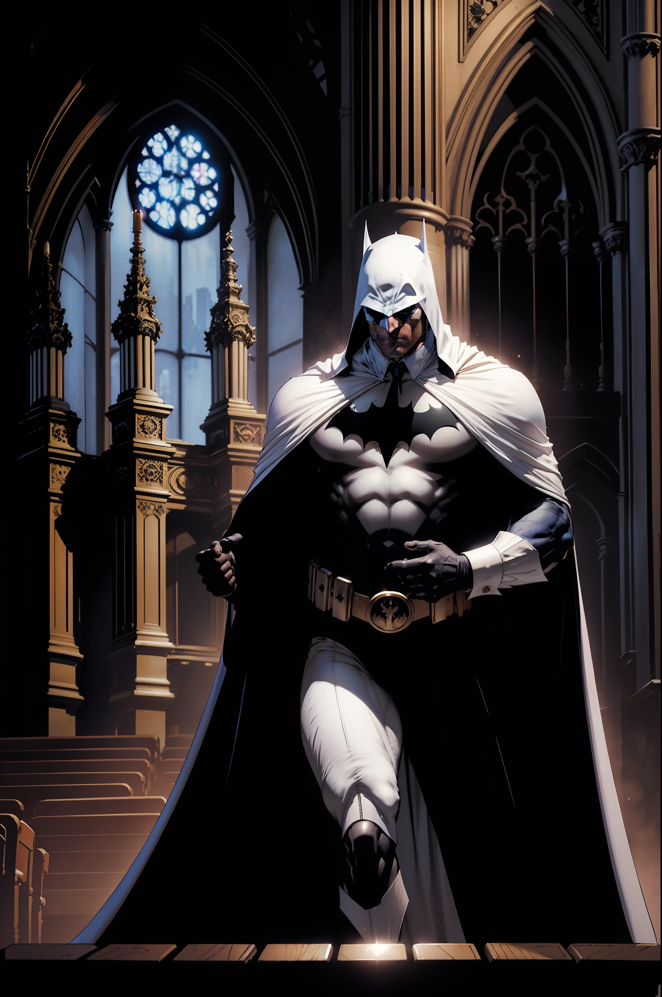 Pipe organ of the Cathedral of Porto inside the Gotham City Theatre, A man in a white mask that covers half his face with gala clothes and black cape is playing pipe organ, Estilo DC Comics e Estilo Jim Lee.