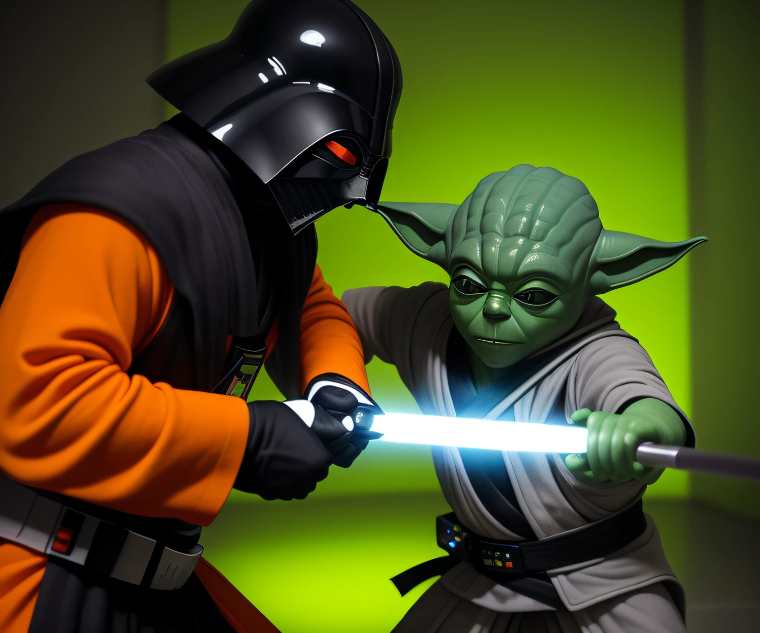 mestre yoda com seu sabre de luz verde, e dart vader com seu sabre, in orange light scenario