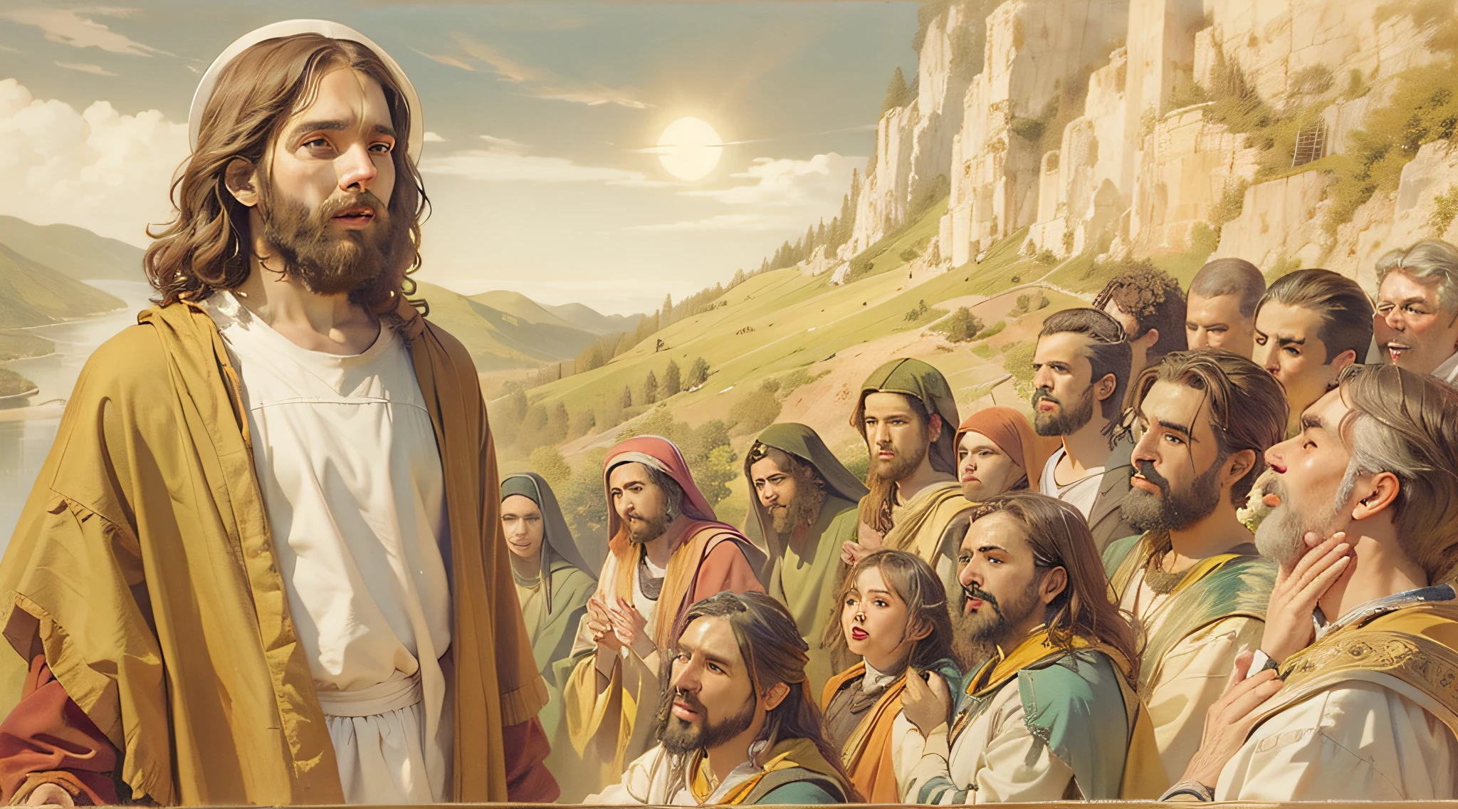 Drawing Jesus Christ in the Sermon on the Mount with His disciples and the crowd