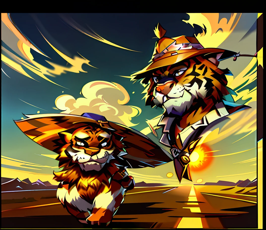 64k, uhd, hdr, epic cinematic scenery *THIS PROMPT IS NOT EXACT* Tiger man concept art, Expression sheet, concept art. anthro tiger, Witchhunter hat,