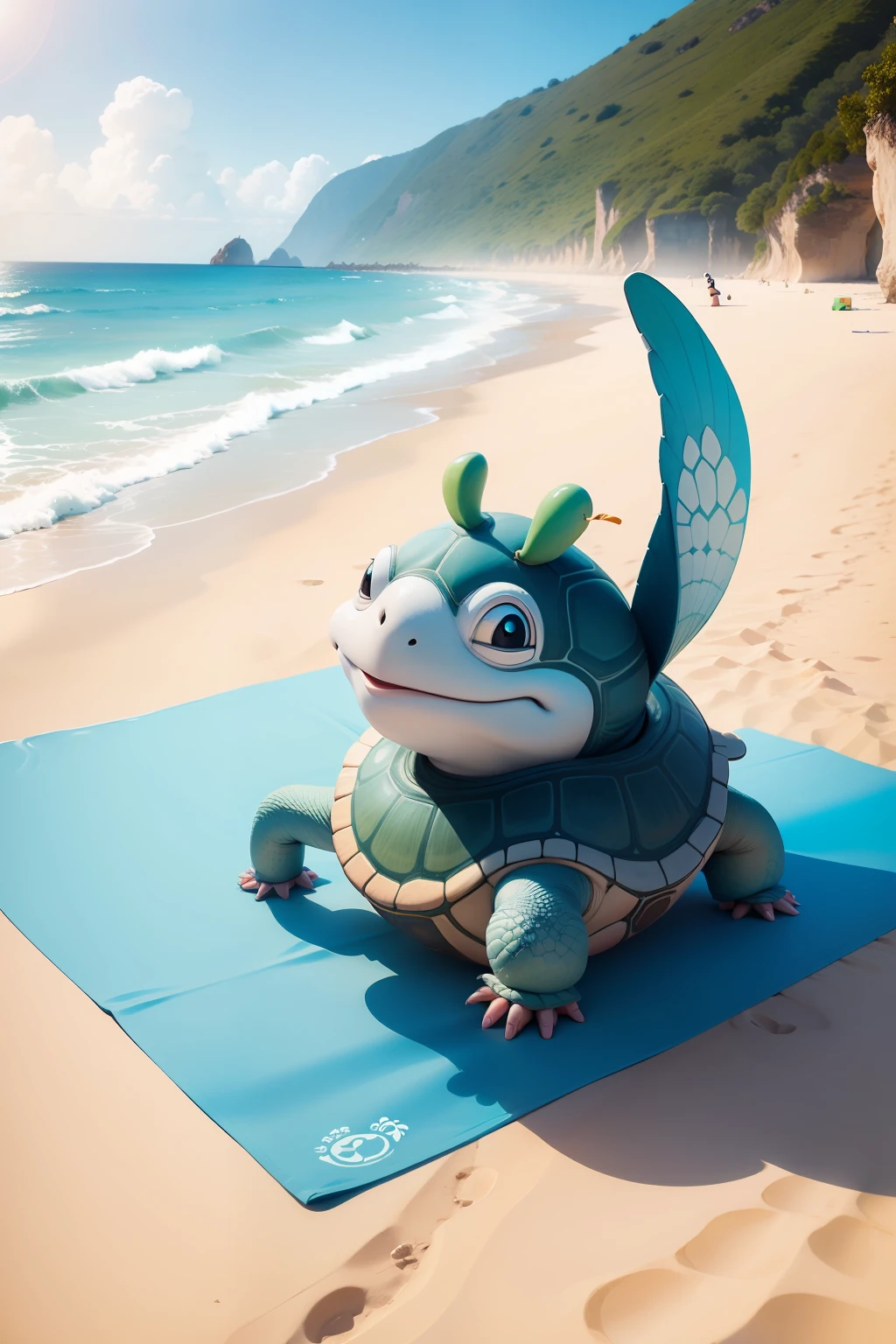 a happy cartoon turtle. doing yoga on the beach.