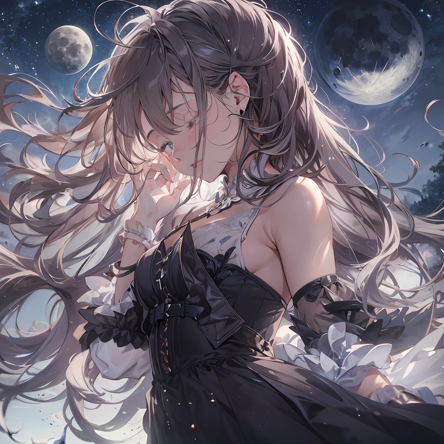 Outrageous resolution、hight resolution、(masterpiece:1.4)、ultra-detailliert、1girl in、is crying、Crying、Tears run down my cheeks、farewell、Lonely face、Face up、Big moon in the background、Floating hair、spaces、Black Dress、floating、 --v 6