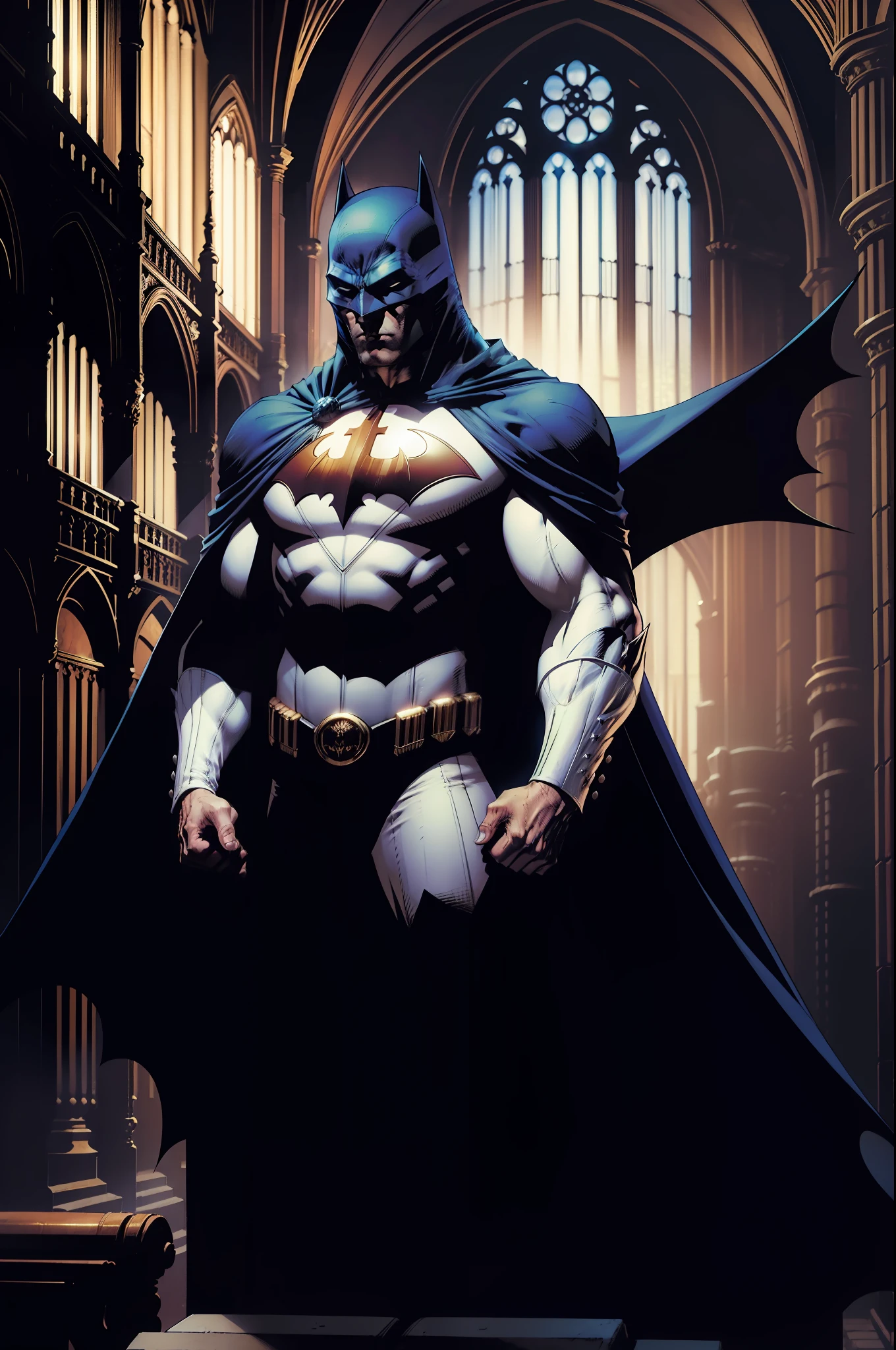 Pipe organ of the Cathedral of Porto inside the Gotham City Theatre, A man in a white mask that covers half his face with gala clothes and black cape is playing pipe organ, Estilo DC Comics e Estilo Jim Lee.