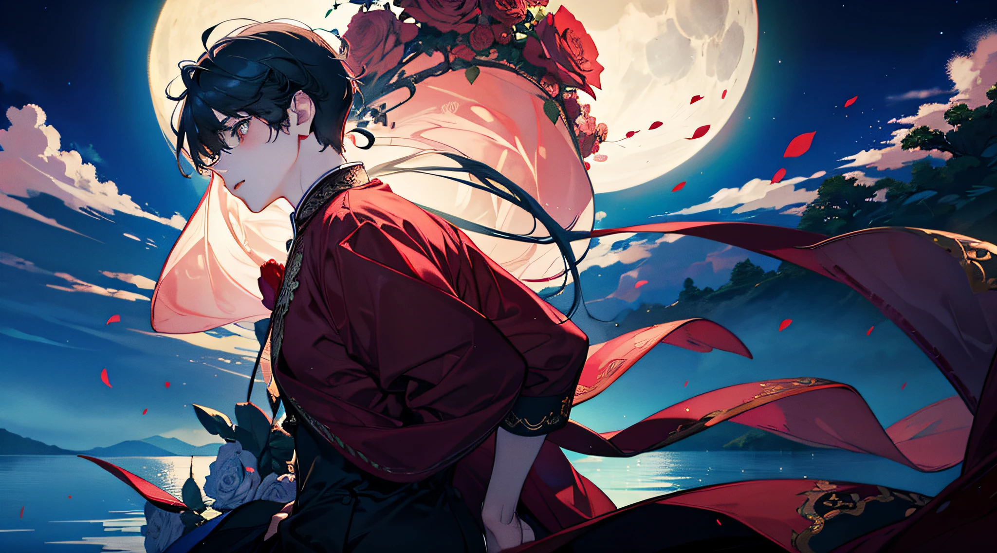 A beautiful boy wearing a rose-like red blouse under a big blue full moon、Waiting for your lover while gazing blankly at the lake
