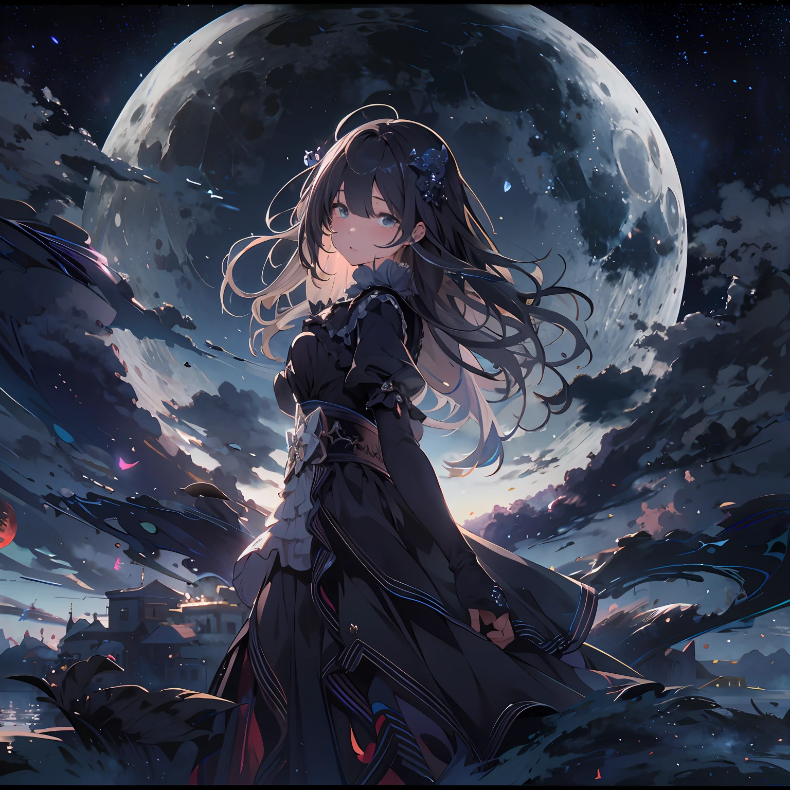 Outrageous resolution、hight resolution、(masterpiece:1.4)、ultra-detailliert、1girl in、is crying、Crying、Tears run down my cheeks、farewell、Lonely face、Face up、Very big moon in the background、Floating hair、spaces、Black Dress、floating、 --v 6