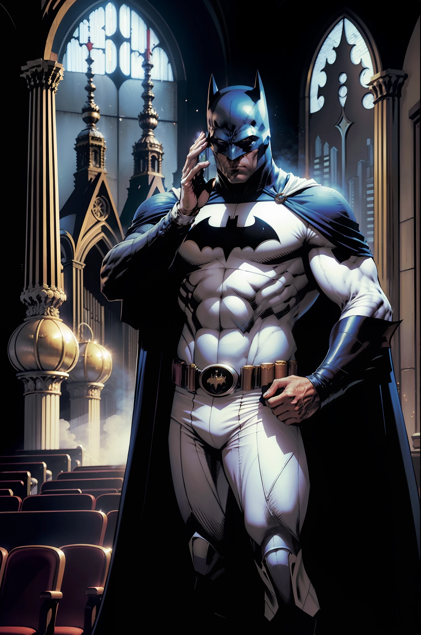 Pipe organ of the Cathedral of Porto inside the Gotham City Theatre, A man in a white mask covers half his face, veste roupa de gala e capa preta, is playing pipe organ, Estilo DC Comics e Estilo Jim Lee, Batman is watching the Man Who Makes the Pipe Organ