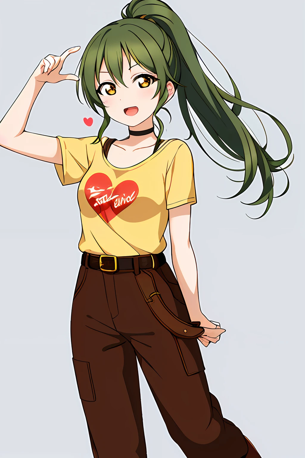 ((masterpiece, best quality)), (1girl), (solo), (fullbody), (female focus), (green hair, fluffy ponytail hair, bang covering one eye, bang over one eye), orange eyes, light smile, open mouth, ((yellow t-shirt), (red sun stamp on shirt), (black simple choker), ((old brown pants), (heart shapped golden belt)), standing, urban background, arms behind back, dynamic angle