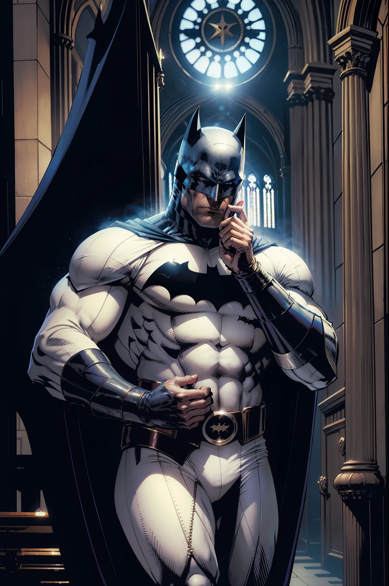 Pipe organ of the Cathedral of Porto inside the Gotham City Theatre, A man in a white mask covers half his face, veste roupa de gala e capa preta, is playing pipe organ, Estilo DC Comics e Estilo Jim Lee, Batman is watching the Man Who Makes the Pipe Organ