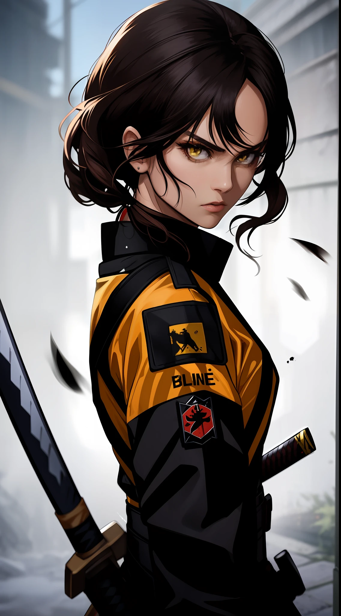 Cinematic masterpiece painting of The Bride from Kill Bill, clad in her iconic yellow and black jumpsuit, wielding a samurai sword, blood splatter around her. Her intense gaze conveys her determination for vengeance, prepared to fight the Deadly Viper Assassination Squad. Flawless photorealistic details in her outfit and the katana blade glinting coldly. Dynamic composition with fluid motion blur on sword strike. Vivid 4K colors pop in QT style. Every pore and fabric fiber visible, creating gripping artwork celebrating the iconic Tarantino antiheroine