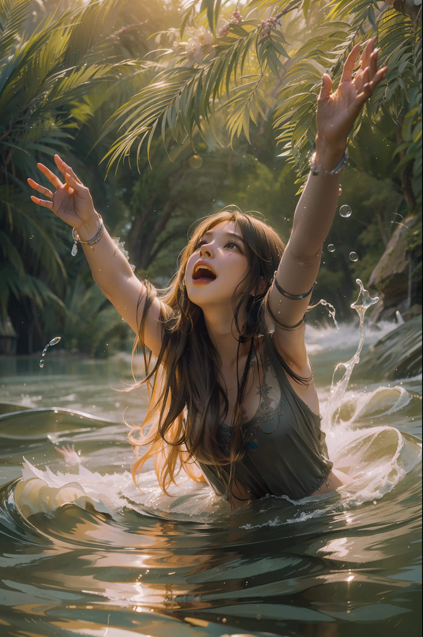 Close-up. A very beautiful young woman stands in the water of a river and shouts with joy with her hands raised............. (Good Composition) (obra de arte) (Arte expresivo). (((Pechos masivos gigantes))) (((cabello rubio)))