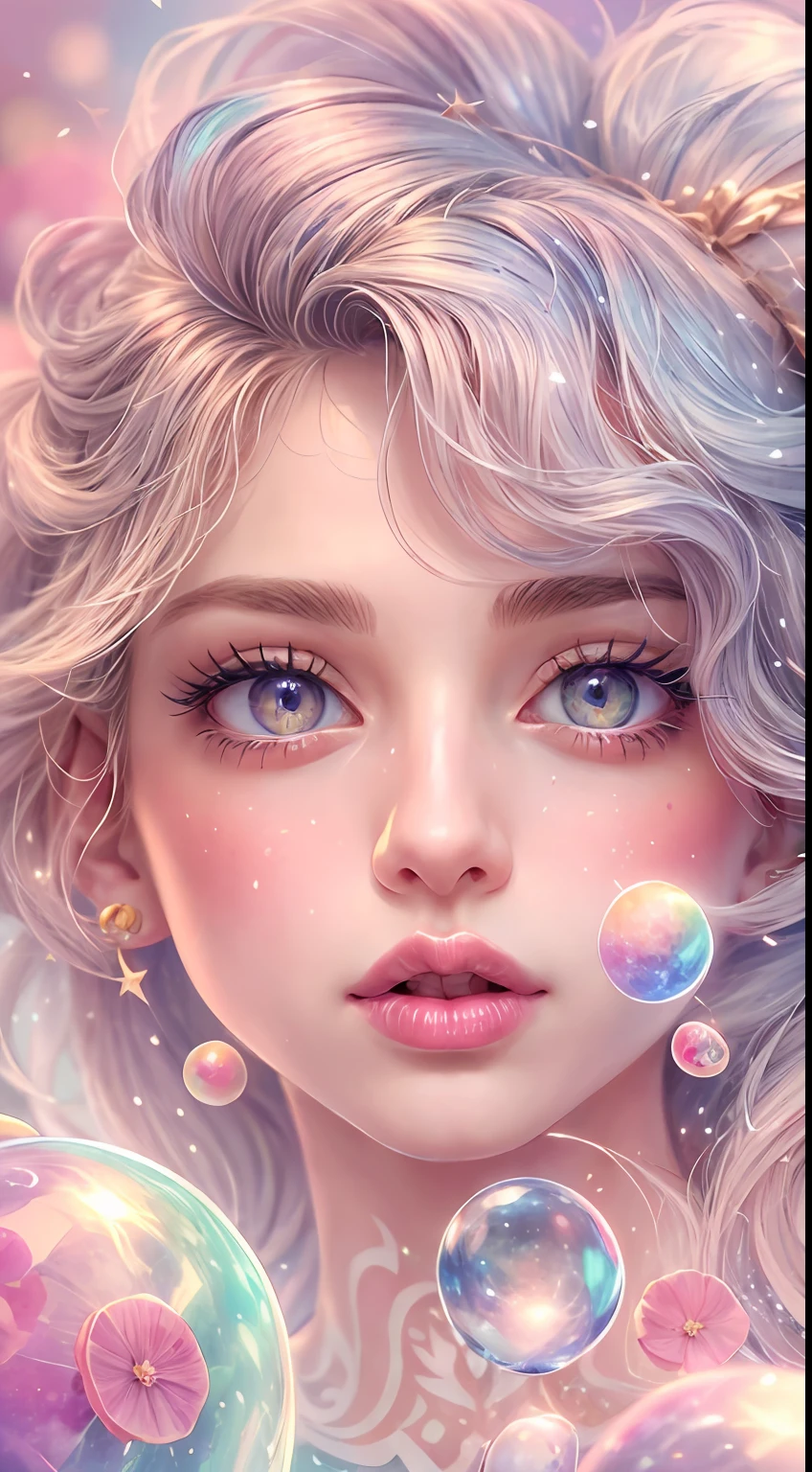 ((masterpiece)). This artwork is dreamy and ethereal, with soft pink watercolor hues. Generate a delicate fairy exploring a bubblegum world with a wide variety of pastel shades. Her sweet face is extremely detailed and realistic with elegant, and looks like ((((Naomi Scott)))). Include mature features, and puffy, big lips and stunning, highly realistic eyes. Her eyes are important and should be realistic, highly detailed, and beautiful. In high definition and detail, include lots of details like stars, galaxies, colorful bubbles, colorful petals, and lots of energy and emotion! The stars and colorful bubblegum bubbles are important! Include fantasy details, enhanced details, iridescence, colorful glittering wind, and pollen. Pay special attention to her face and make sure it is beautifully and realistically detailed. The image should be dreamy and ethereal.8k, intricate, elegant, highly detailed, majestic, digital photography