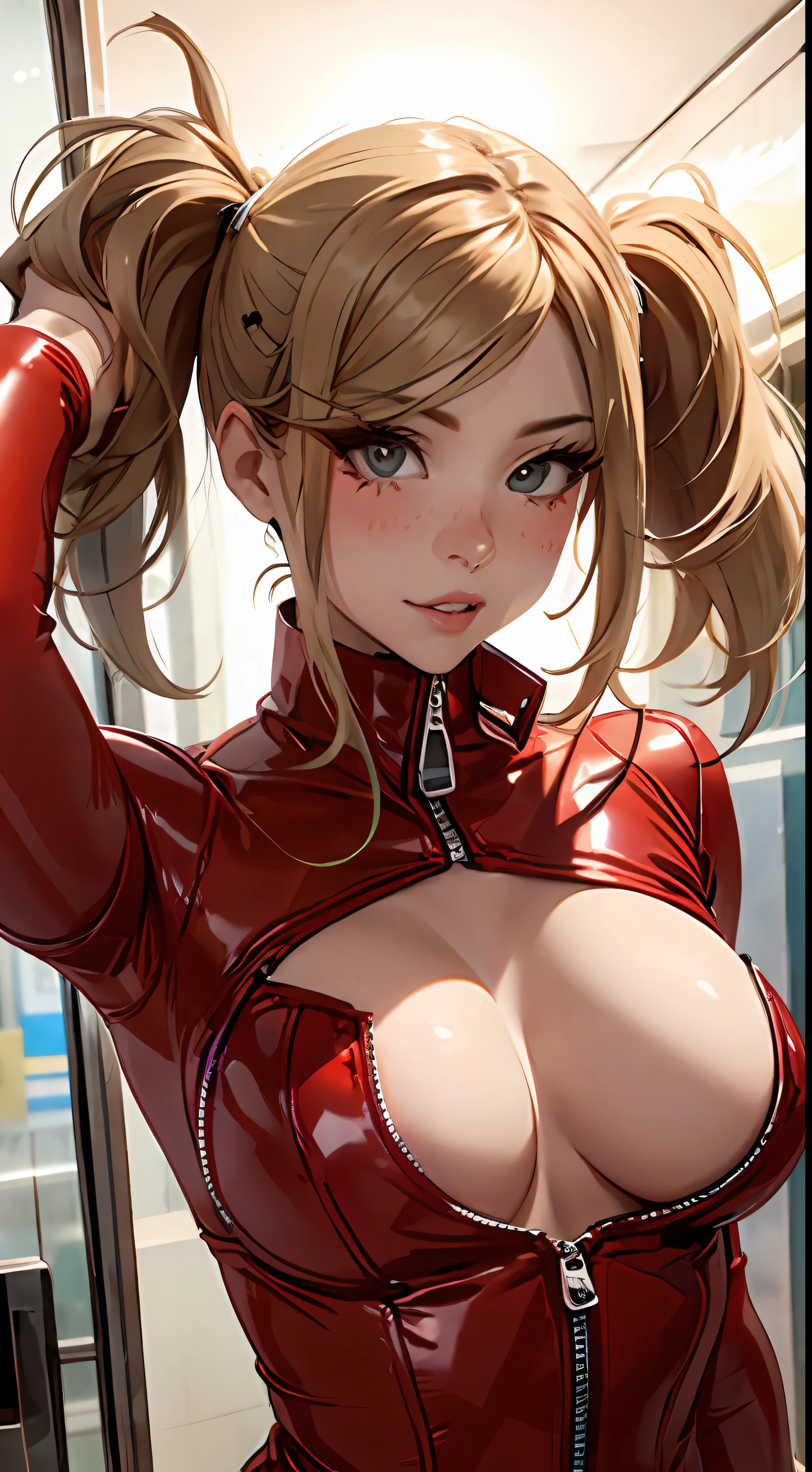 fisheye POV perspective, upper body photo of a blonde tall beautiful girl, double long ponytails in hair , long blonde hair, smooth one-piece zipper full body red latex body suit, latex sleeves, red latex gloves, huge eyes, cleavage open, zipper open, dark urban subway in the background, perfect body, collar bone, skinny, toned figure, smooth matte skin, round boobs, red latex jumpsuit, blonde pigtails long hair, full lips, red outfit, shiny full lips, shiny nose, makeup