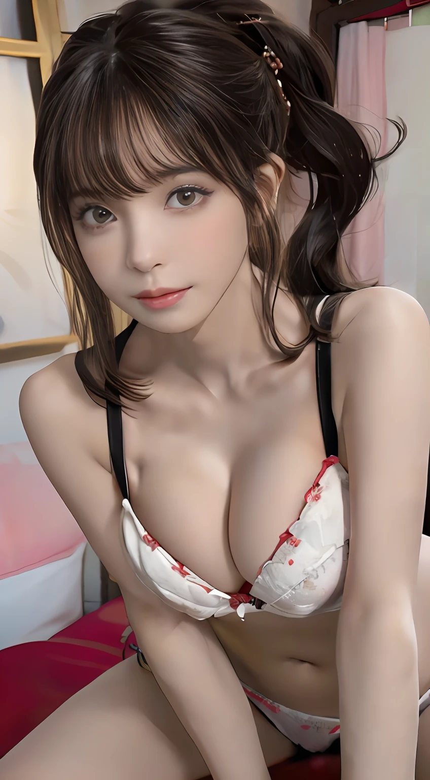 8K, A high resolution, Ultra detailed, Beautiful, Masterpiece, Best quality,(ealistic, photo-realistic:1.5), (Beautiful almond brown eyes), (1girll),sit on a bed ,Girl with good figure ,(20 year old girl sexy pose),( black thong) ,(untied), Cut the bra,Indoors,navel,cute room,legs focus,Side ponytail , bangs ,Big breasts,cleavage,