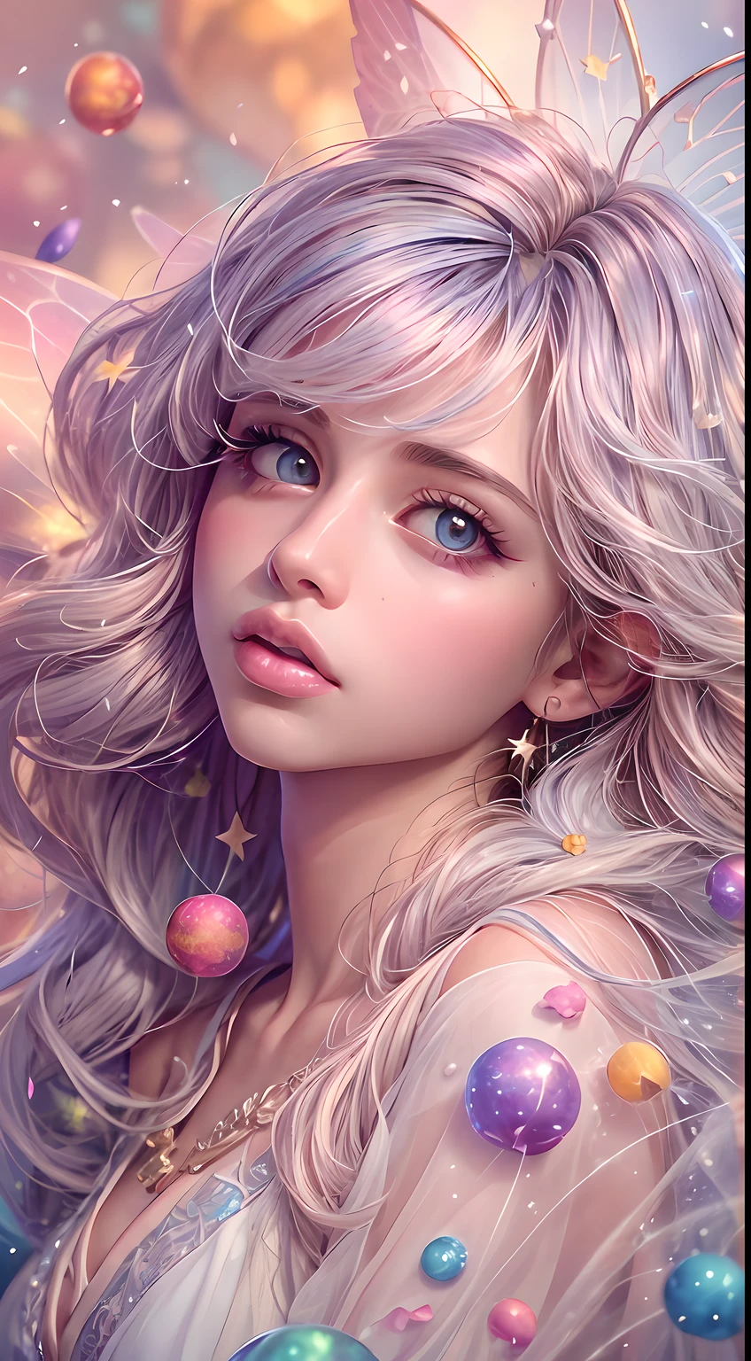 ((masterpiece)). This artwork is dreamy and ethereal, with soft pink watercolor hues. Generate a delicate fairy exploring a bubblegum world with a wide variety of pastel shades. Her sweet face is extremely detailed and realistic with elegant, and looks like ((((Naomi Scott)))). Include mature features, and puffy, big lips and stunning, highly realistic eyes. Her eyes are important and should be realistic, highly detailed, and beautiful. In high definition and detail, include lots of details like stars, galaxies, colorful bubbles, colorful petals, and lots of energy and emotion! The stars and colorful bubblegum bubbles are important! Include fantasy details, enhanced details, iridescence, colorful glittering wind, and pollen. Pay special attention to her face and make sure it is beautifully and realistically detailed. The image should be dreamy and ethereal.8k, intricate, elegant, highly detailed, majestic, digital photography