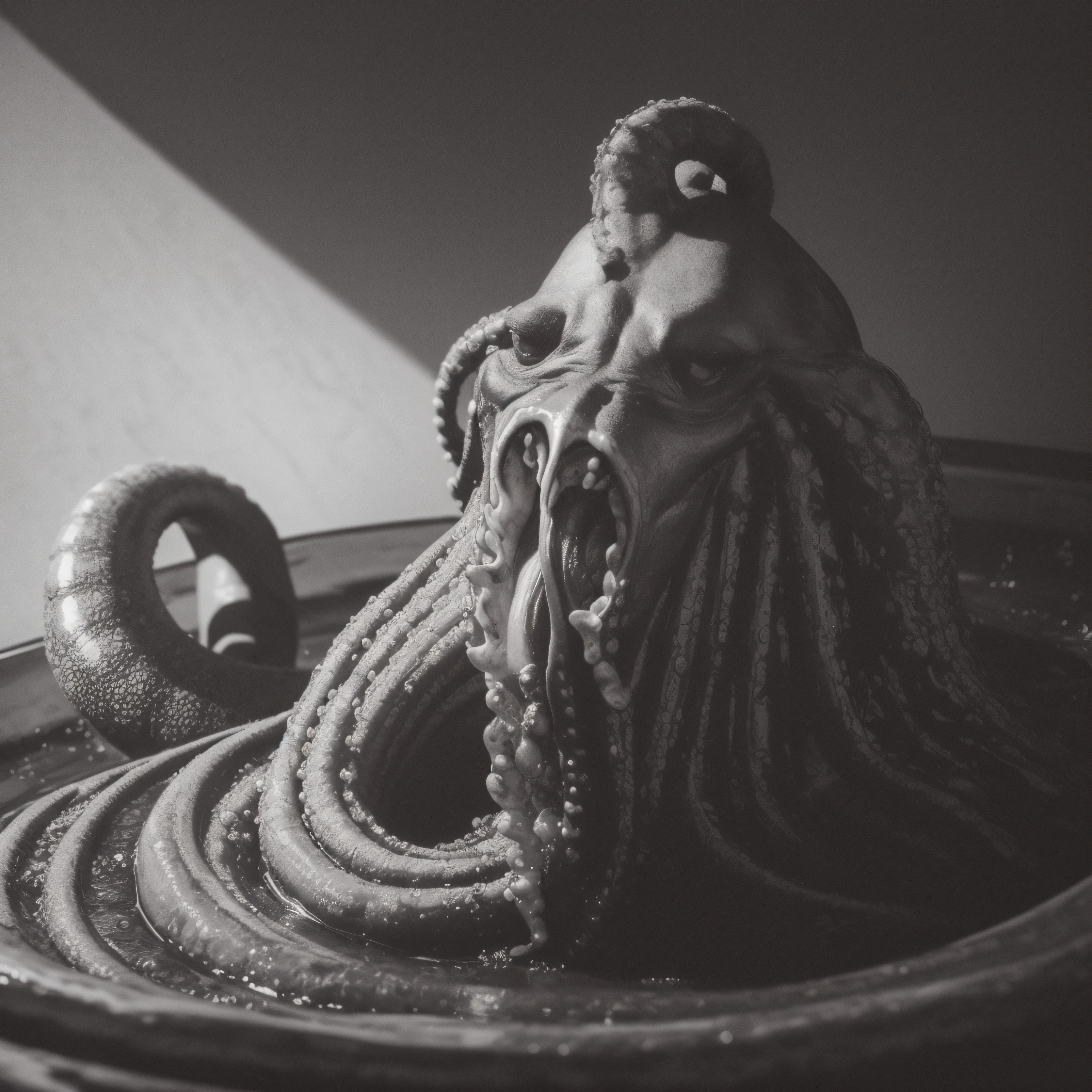 (extremadamente detallado, obra maestra, La mejor calidad), Estilo oscuro, intense illumination, rostro con arrugas, lengua larga, tentacle, deforme, monstruoso, interior de una piscina de agua verdosa, imagen submarina, alien con Colmillos finos, pico de pulpo amenazante. manchas de tinta. Rococo composition. Luz de caravaggio