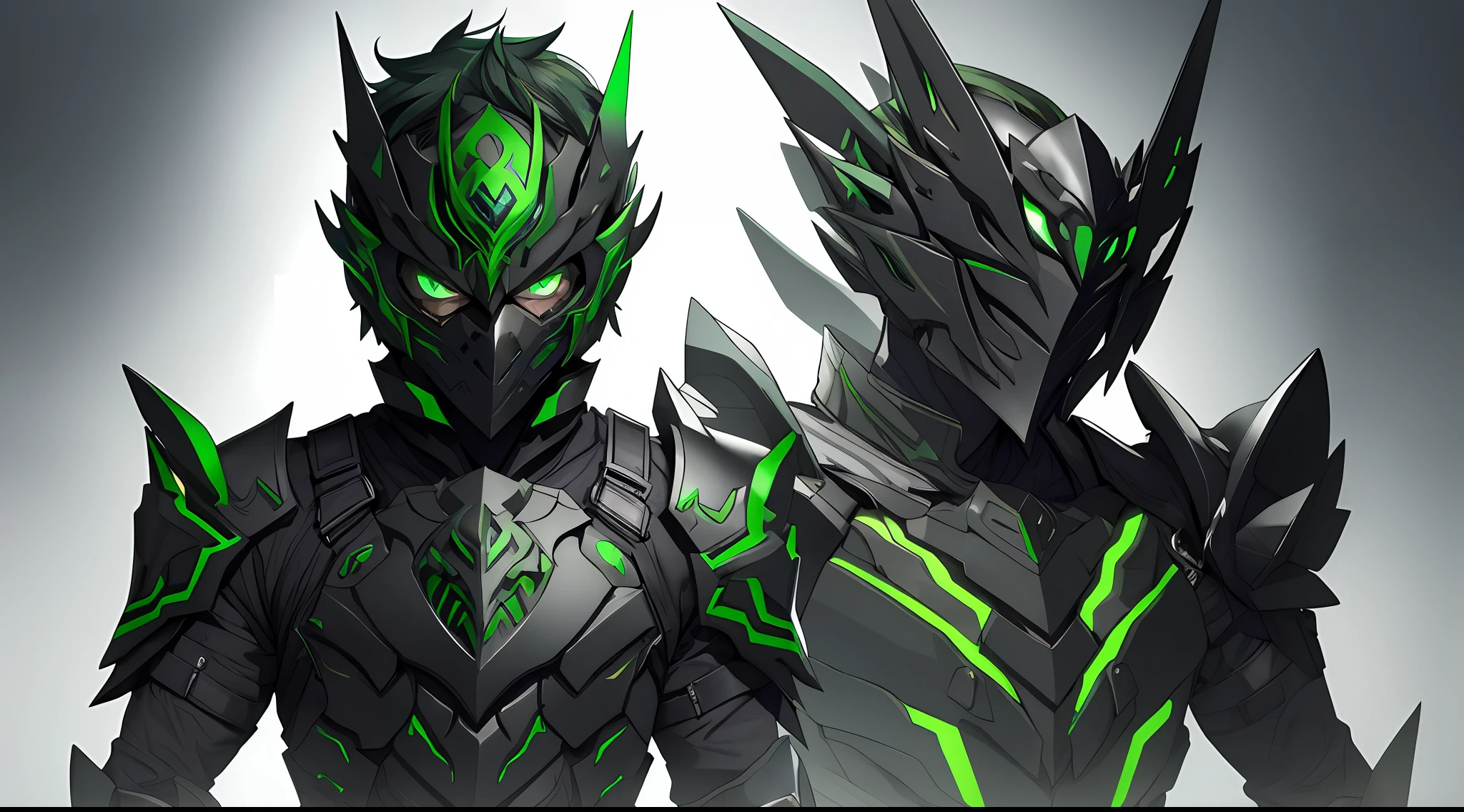 a guy wearing a black armor with green details using a mask, short green hair