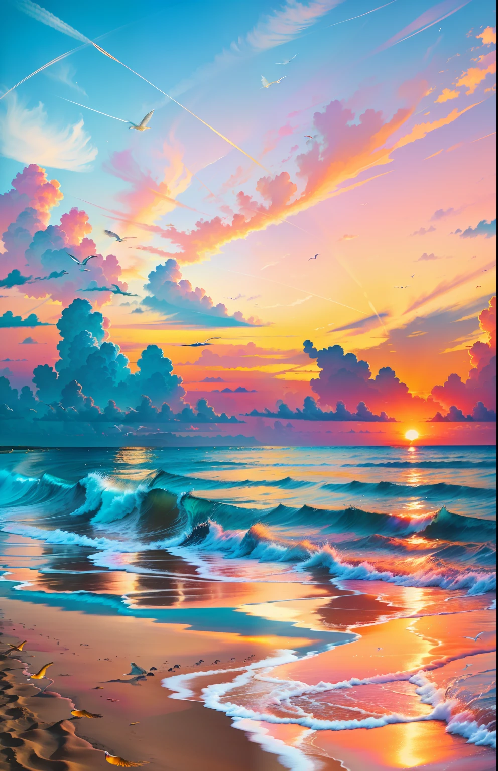 Oranges, pinks and yellows blend together to fill the sky, and the sunset over the beach is truly mesmerizing. The crystal clear waters gently kiss the coast, and the white sand beach stretches out endlessly. It's a dynamic and breathtaking scene with seagulls soaring high into the sky and palm trees gently swaying. Take in the calm atmosphere and peace will wash you away.