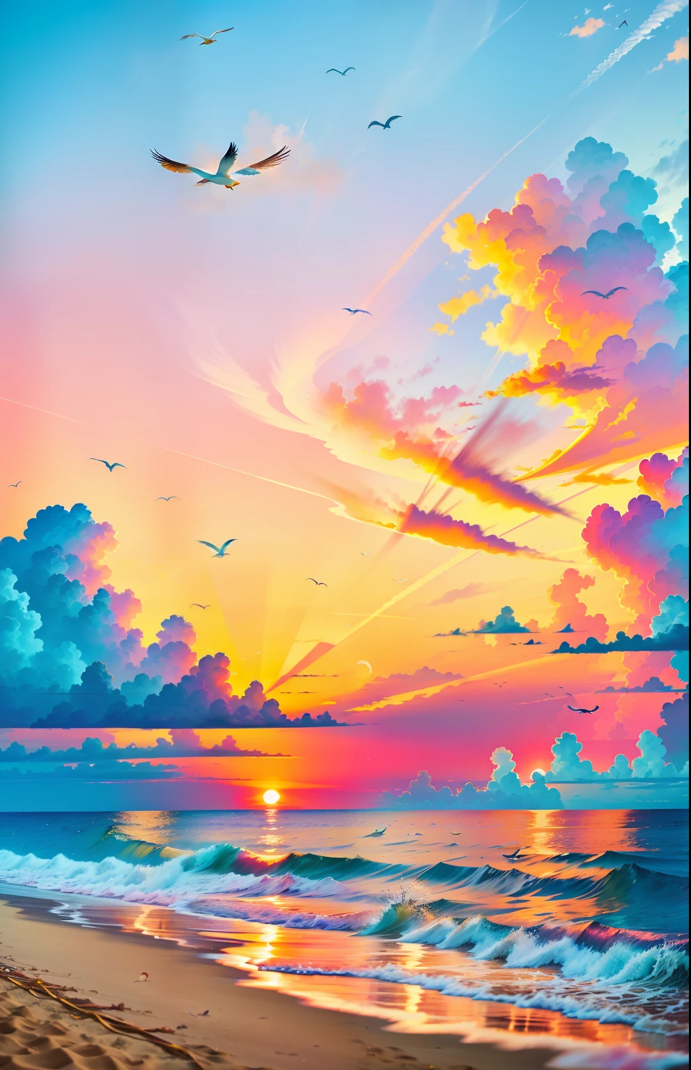 Oranges, pinks and yellows blend together to fill the sky, and the sunset over the beach is truly mesmerizing. The crystal clear waters gently kiss the coast, and the white sand beach stretches out endlessly. It's a dynamic and breathtaking scene with seagulls soaring high into the sky and palm trees gently swaying. Take in the calm atmosphere and peace will wash you away.