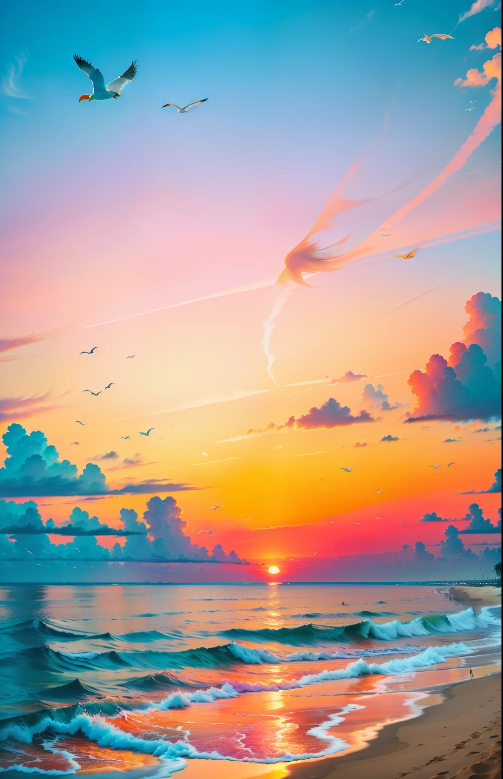 Oranges, pinks and yellows blend together to fill the sky, and the sunset over the beach is truly mesmerizing. The crystal clear waters gently kiss the coast, and the white sand beach stretches out endlessly. It's a dynamic and breathtaking scene with seagulls soaring high into the sky and palm trees gently swaying. Take in the calm atmosphere and peace will wash you away.