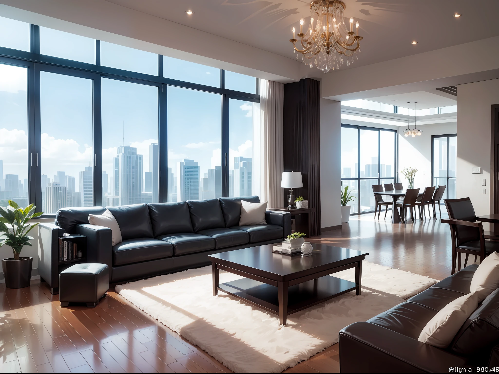 Expansive living room with sleek modern design and floor-to-ceiling windows, featuring hi-tech accents and a luxurious atmosphere