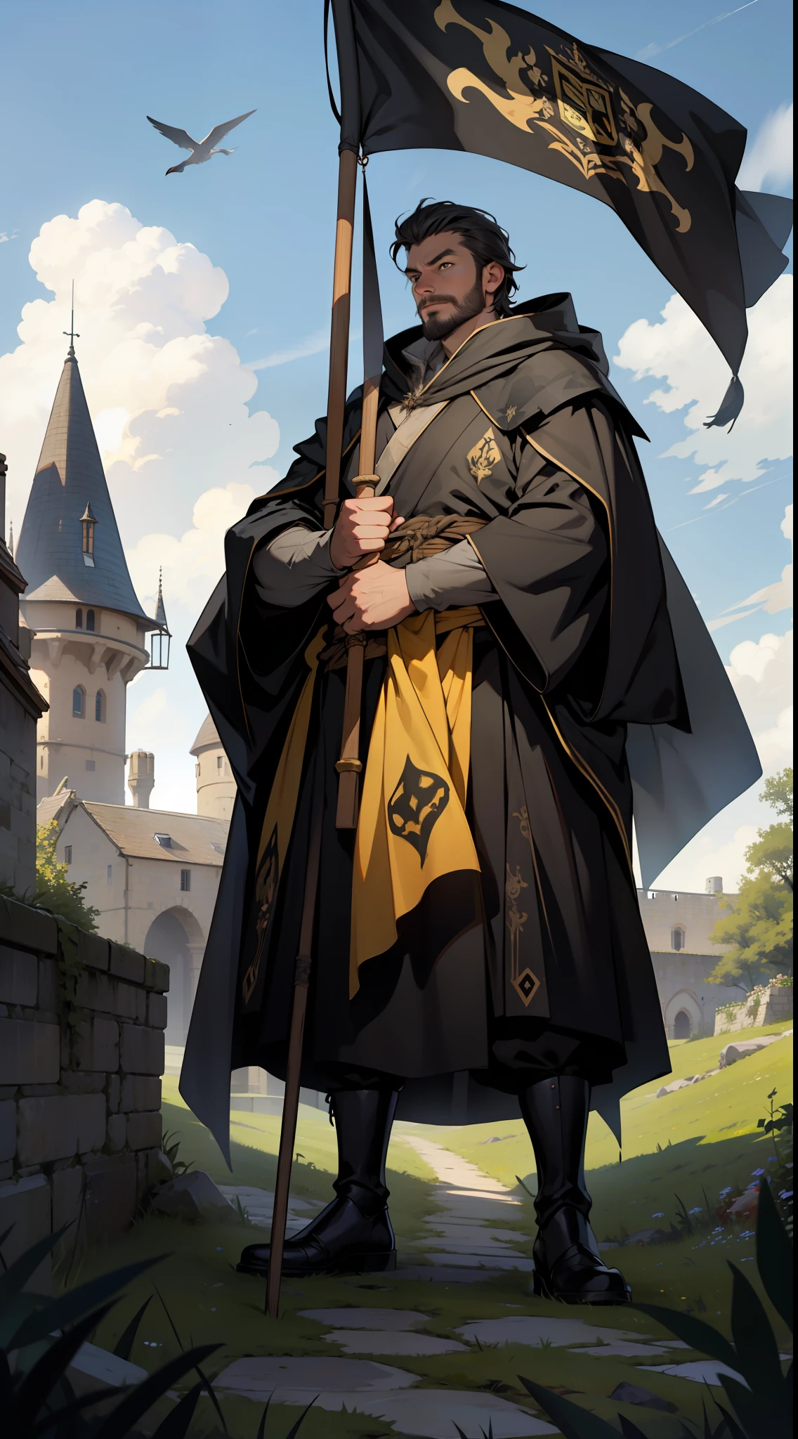 mediaeval castle ,Man 30 years old strong ,hunter face ,wizard's robe black and yellow, holding flag