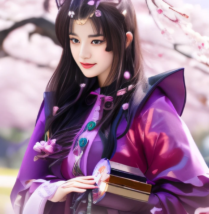 A dark-haired、Close up portrait of woman holding purple dress holding box,Cherry blossom park