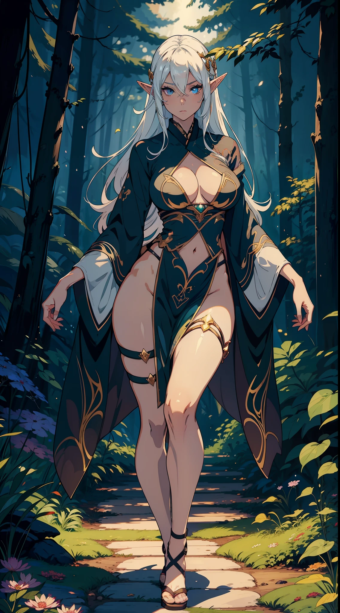 a beautiful woman, perfect body curve, elf women, white haired, dark skinned, dark elf, woman,in the magical forest, night time, kimono, anime art, HIGH QUALITY, MASTERWORK, , full body, shirt print , vector , extremely detailed eyes, dynamic print , anime girl, zoomed out, golden ratio body, hourglass body