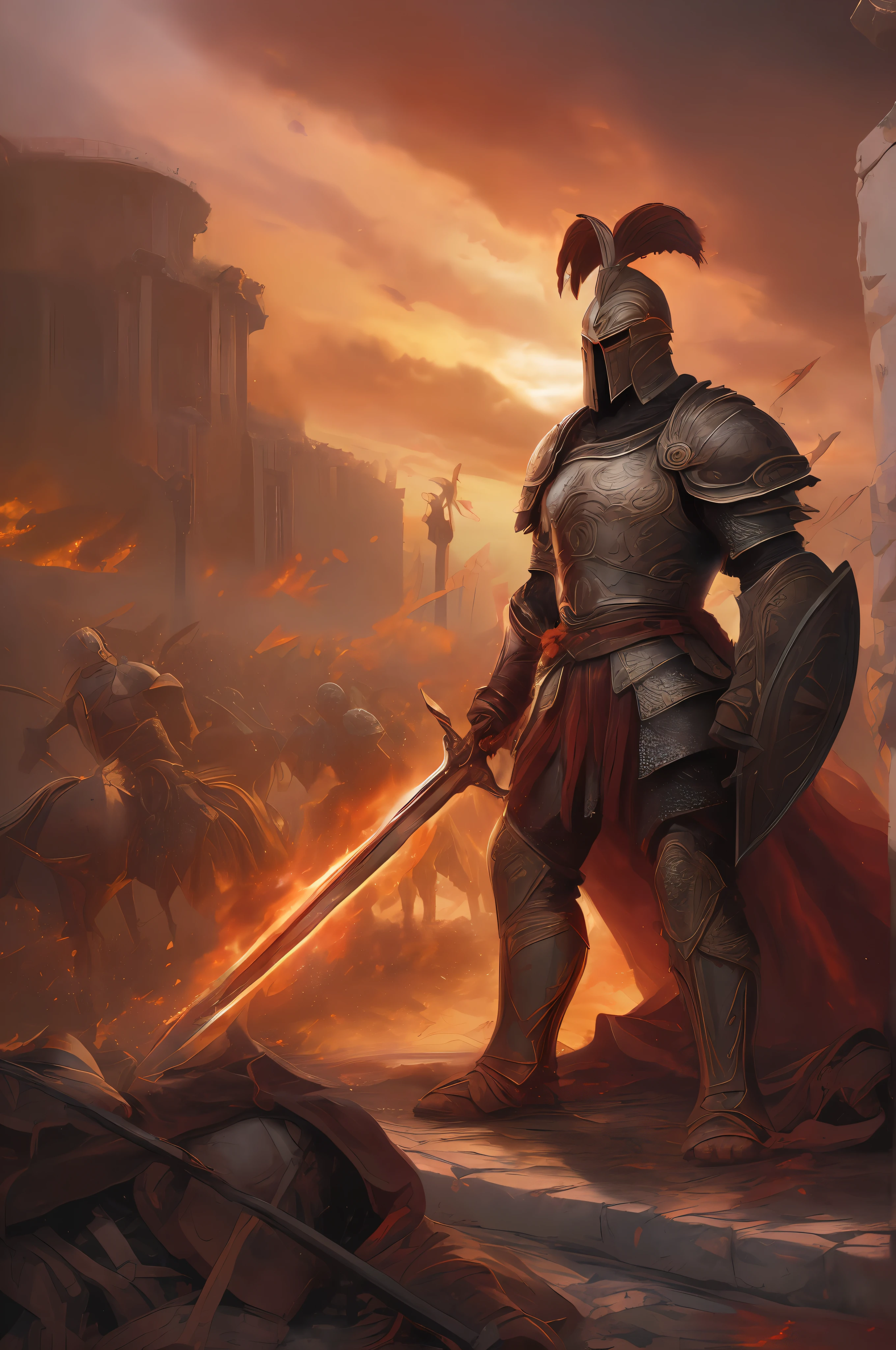 A highly detailed, commanding image of Ares, the god of war. He stands dominantly on a battlefield, his fiery eyes, visible beneath the shadowy depths of his intricately wrought helmet, filled with an insatiable thirst for battle. His helmet, a work of art itself, is forged from unyielding bronze, crested with a menacing plume of dark horsehair that dances fiercely with the winds of war. The helmet, graced with scars from many a battle, fits him snugly, framing his hardened, resolute expression. His muscular form is clad in battle-weary armor, a fearful sword gripped in one hand and a shield weathered by the fury of war in the other. The chaotic theatre of war unfurls behind him, filled with warriors locked in battle, dust-laden air, and the gut-wrenching reality of conflict. Above this somber scene, a sky ablaze with the colors of a fiery sunset casts an array of long, dramatic shadows. This image is a masterful blend of hyperrealistic digital art, imbued with epic dynamism and intense detail