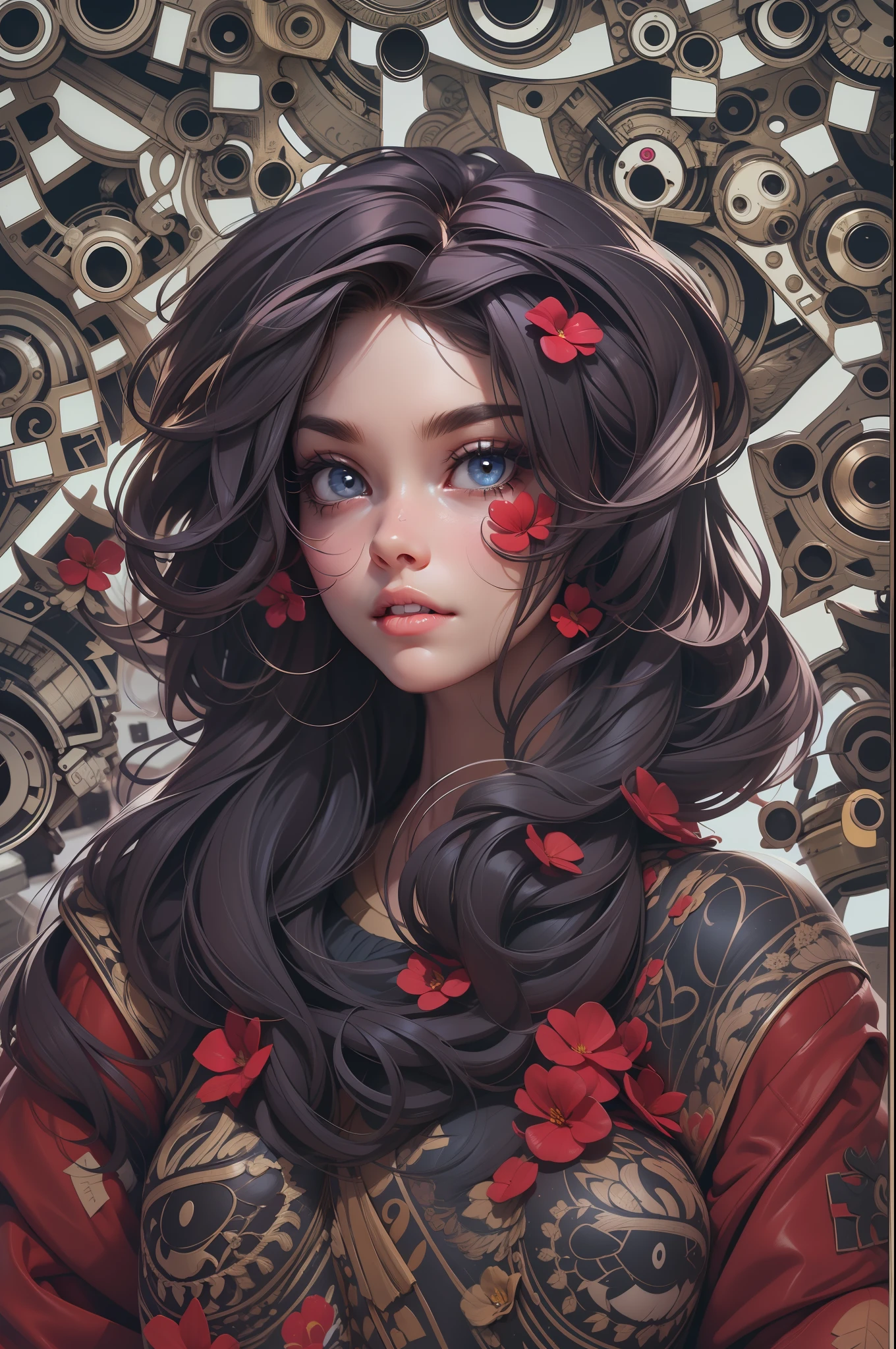 uma mulher com olhos vermelhos e cabelo longo preto com asas brancas