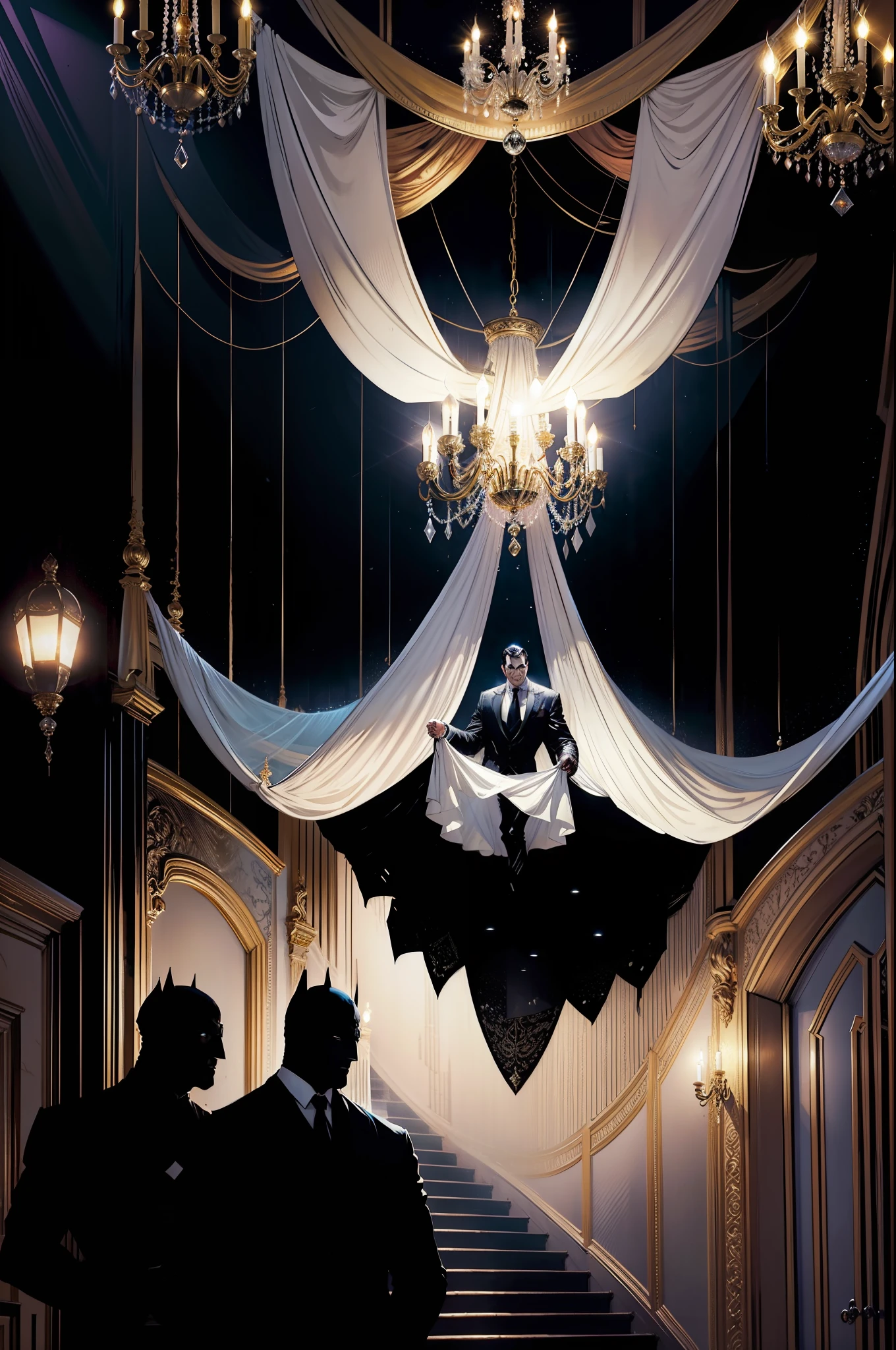A large chandelier hanging from the ceiling of the Gotham City Theatre fell to the floor on top of a man dressed in an evening gown and white mask covering half his face