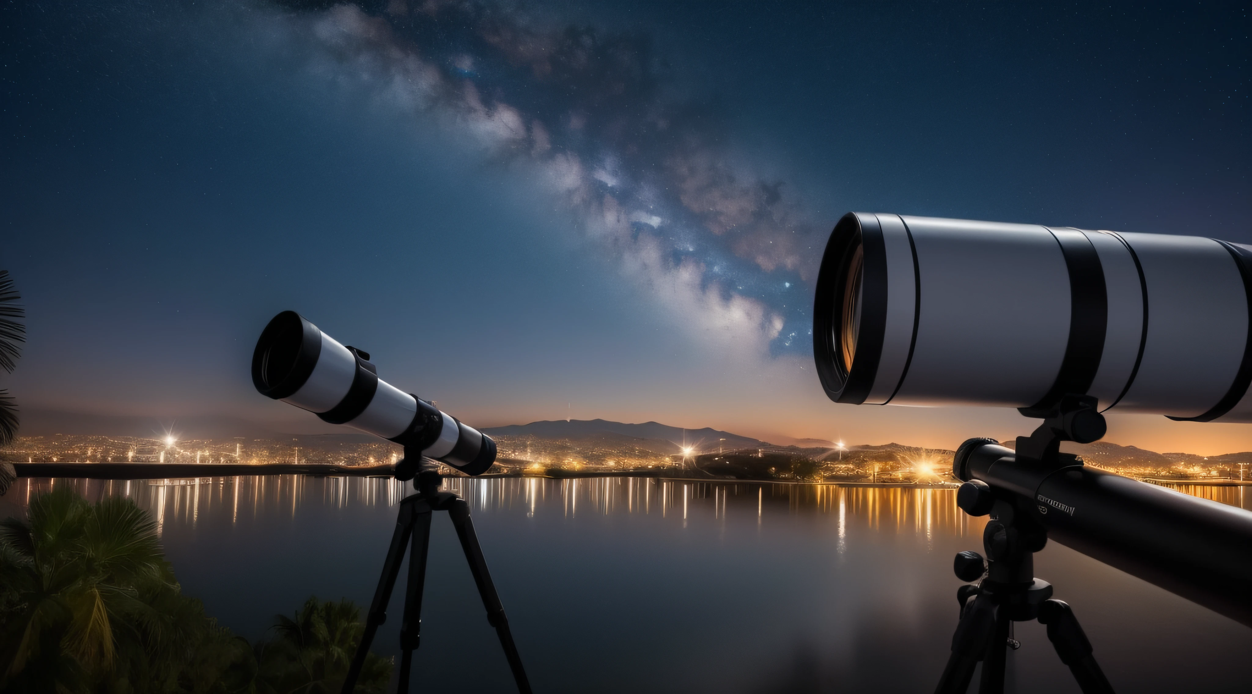 telescope lens, refletindo o universo, realista, detalhado