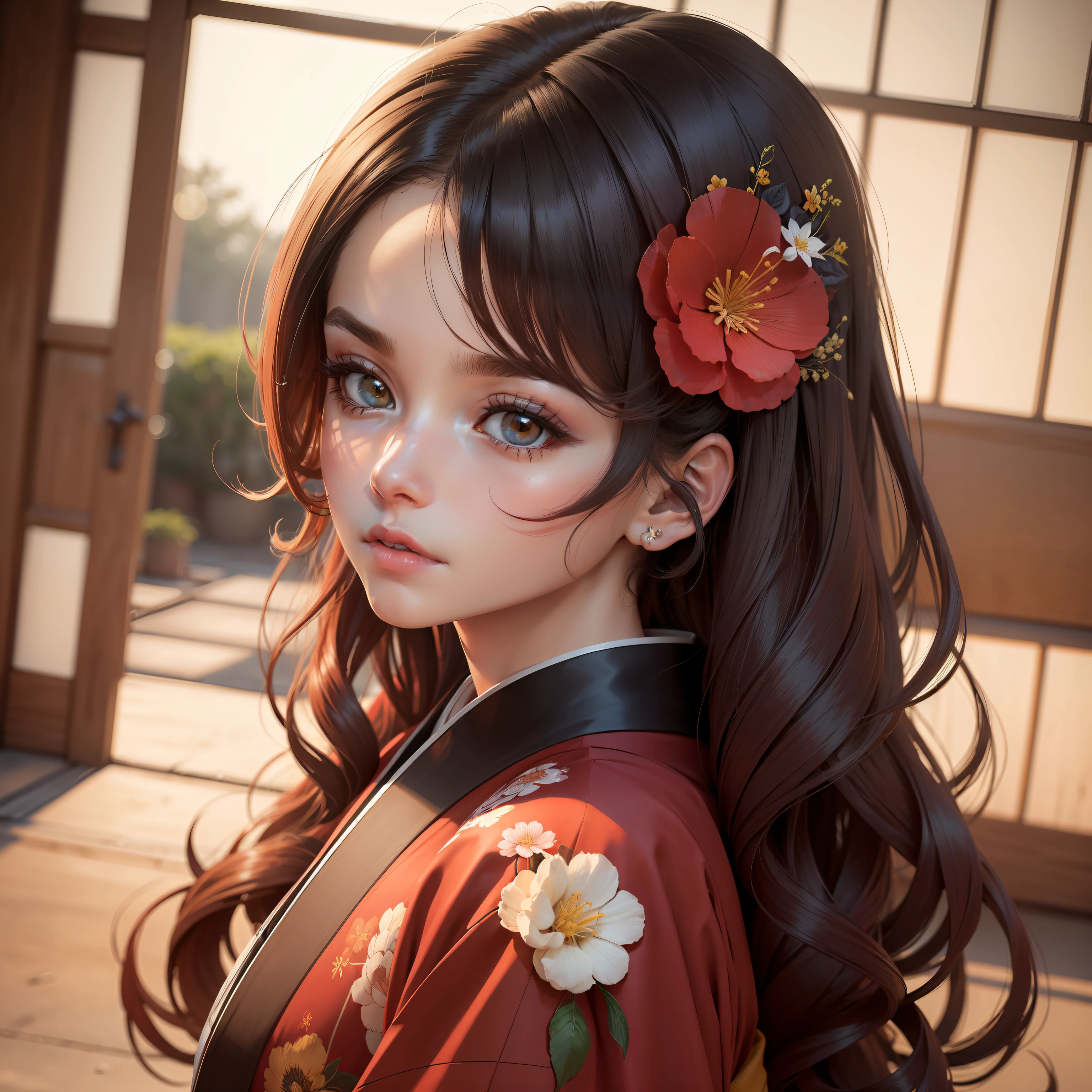 ((Melhor Qualidade, 8k, 32k, Masterpiece, UHD:1.3)),mulher,ultra realista,rosto ultra detalhado, Ultra detailed lips,sentada em uma cadeira,(seios grandes 1.2),corpo perfeito,cabelo castanhos,uma linda japonesa,com rosto realista,cabelo grande,com um lindo kimono vermelho,com uma cora de flores.