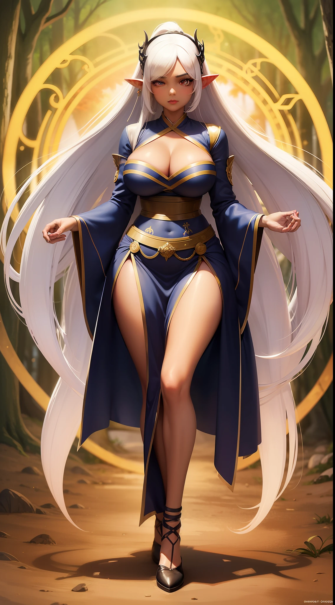 a beautiful woman, perfect body curve, elf women, white haired, dark skinned, dark elf, woman,in the magical forest, night time, kimono, anime art, HIGH QUALITY, MASTERWORK, , full body, shirt print , vector , extremely detailed eyes, dynamic print , anime girl, zoomed out, golden ratio body, hourglass body