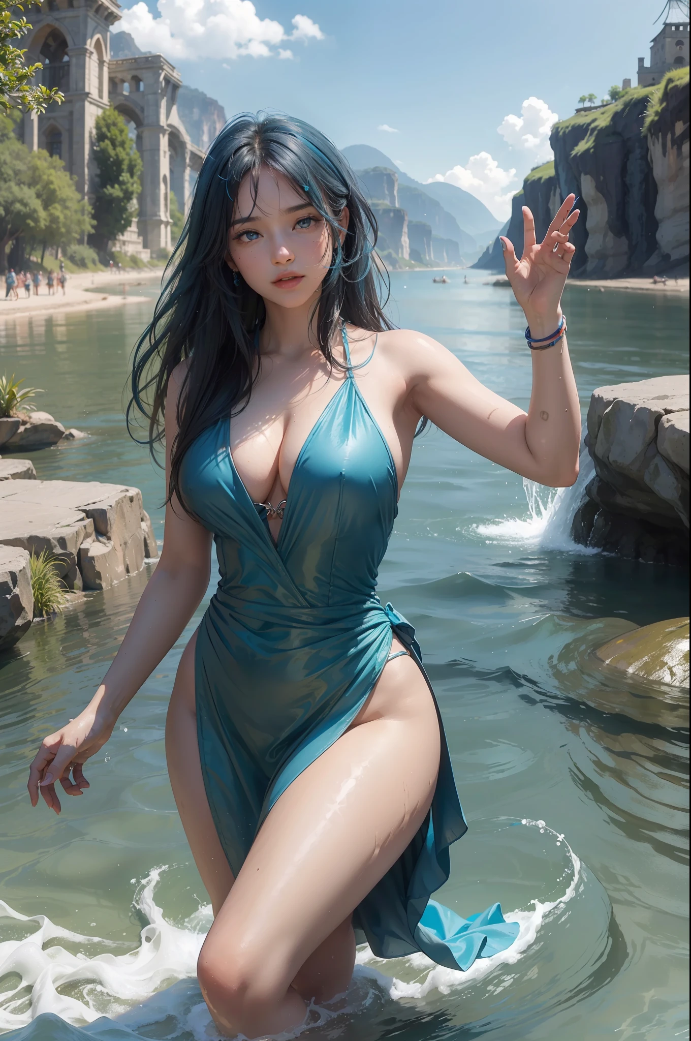 A very beautiful young woman stands in the water of a river and shouts with joy with her hands raised............. (Good Composition) (obra de arte) (Arte expresivo). (((Pechos masivos gigantes))) (((cabello azul)))