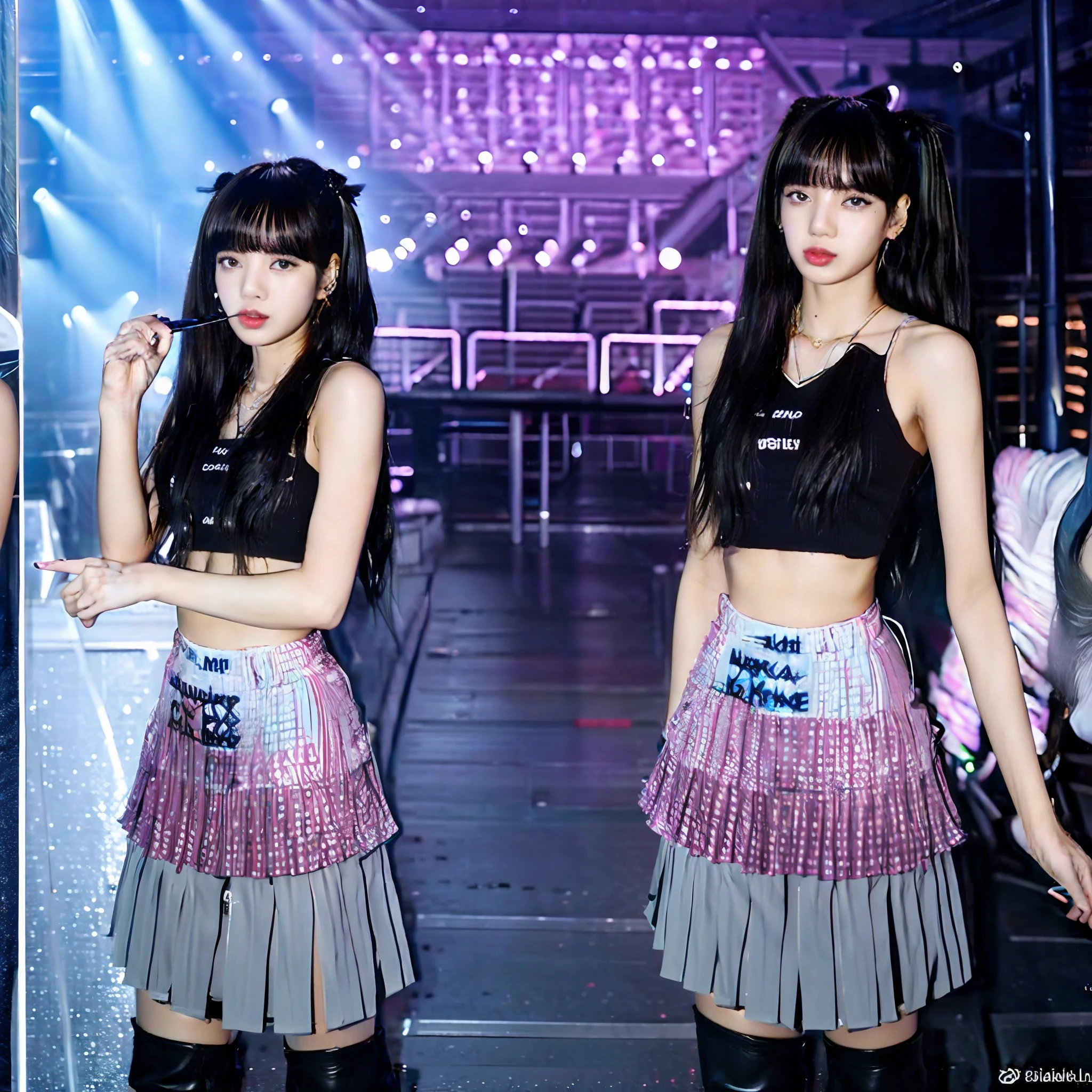 Lisa de rosa preto como um chibi, no palco, holding the black pink light stick, --Niji 00 --s 2