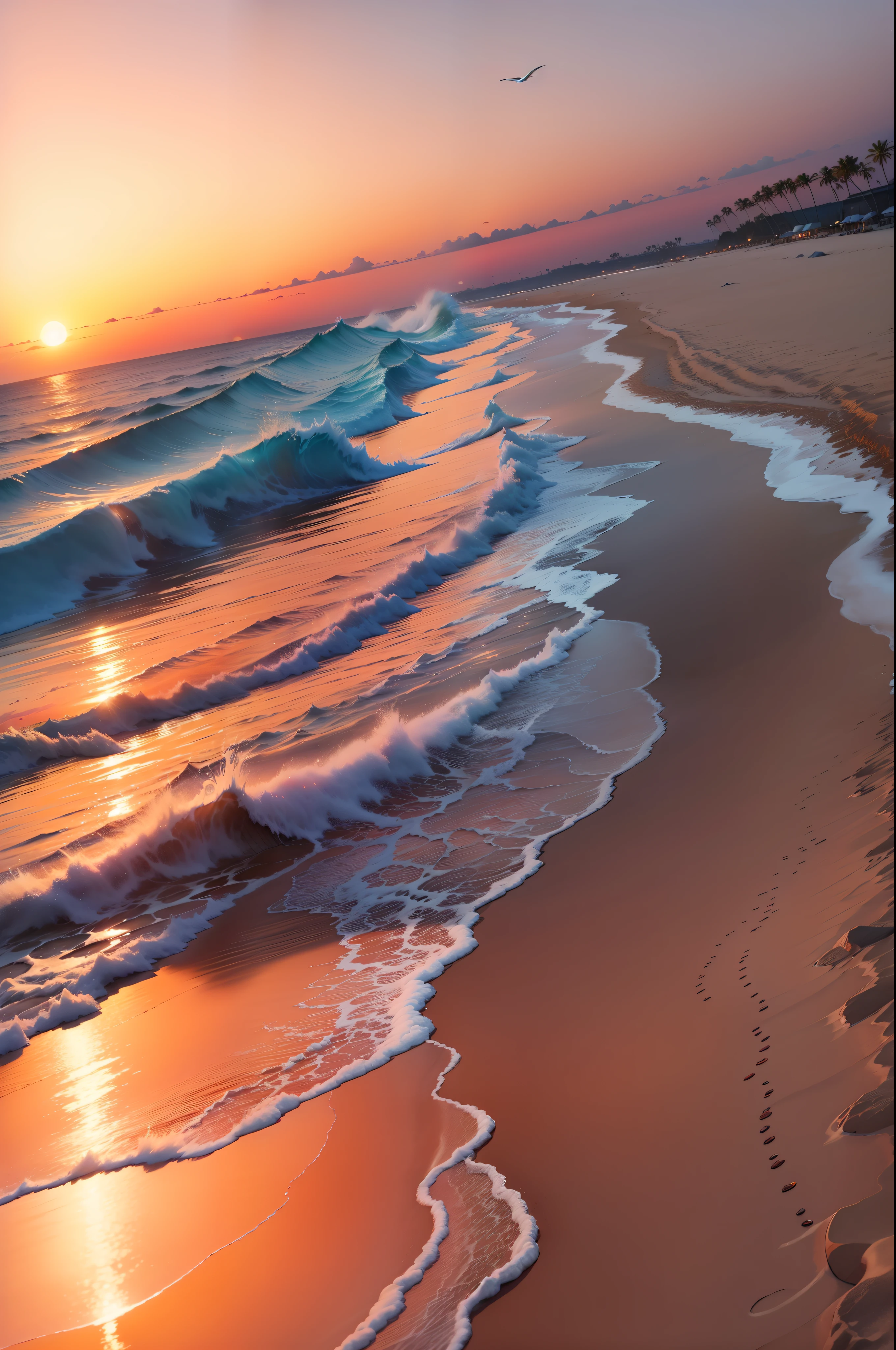Absolutely mesmerizing sunset on the beach with a mix of oranges, pinks and yellows in the sky. The water is crystal clear, gently kissing the shore, and the white sand is endless. The scenes are action-packed and breathtaking, with seagulls soaring high in the sky and palm trees swaying gently. Immerse yourself in the calm atmosphere and let the serenity surround you.