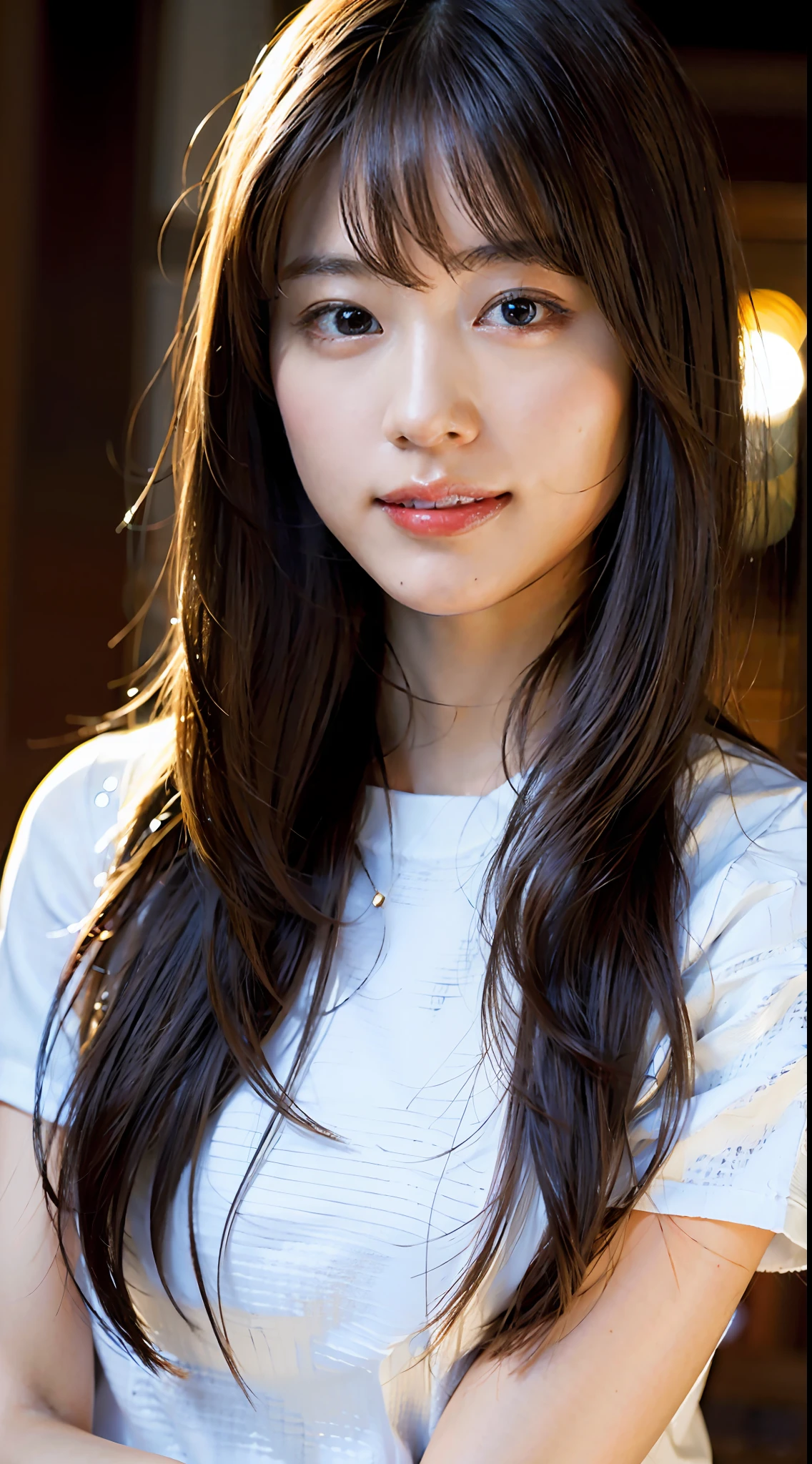 (8k, RAW photo, best quality, masterpiece:1.2), (realistic, photo-realistic:1.37), ultra-detailed, ultra high res,1 girl,looking at viewer,beautiful detailed face,smile,narrow,(slim waist:1.3),shirt, beautiful detailed skin, skin texture, floating hair,professional lighting,