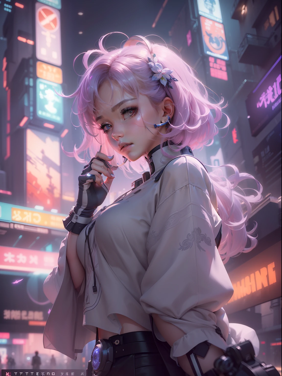 (((masterpiece)))、(((top-quality)))、((ultra-definition))、(High Definition CG Illustration)、((extremely delicate and beautiful))、Cyber City、Cinematic Light、Girl with a sheared hairstyle、unconventional、2080s、animesque、girl with、trending on artstationh、Rachel Walker、