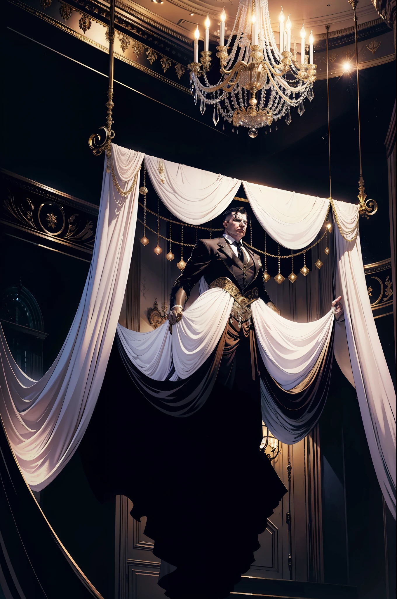 A large chandelier hanging from the ceiling of the Gotham City Theatre fell to the floor on top of a man dressed in an evening gown and white mask covering half his face