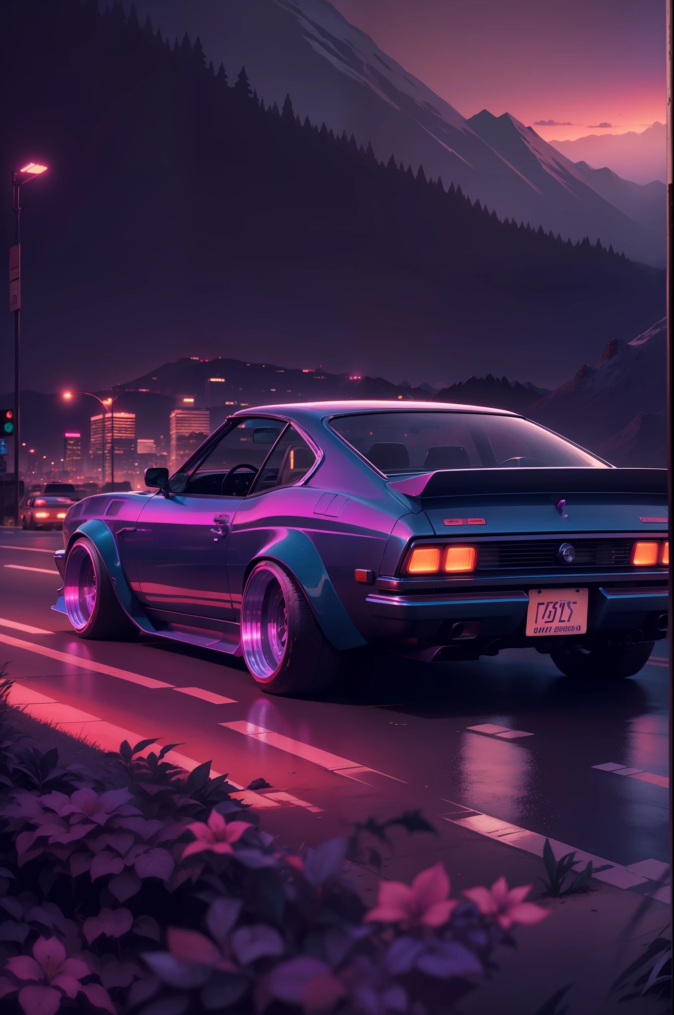 retrowave. city, 1969 Nissan S30, wide body kit, road, purple neon lights, sun, mountain, (masterpiece, detailed, highres),