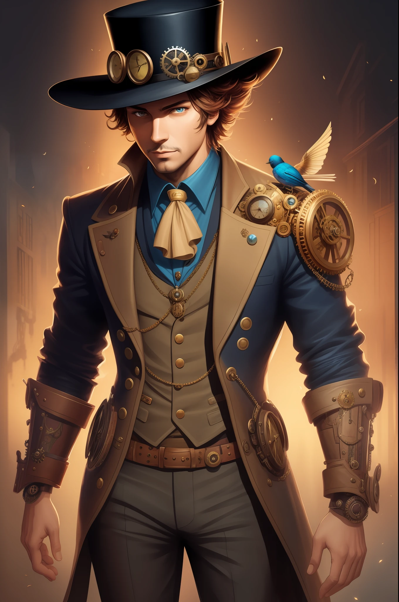 There is a man with a hat and a bird on his arm, steampunk illustration, detailed steampunk illustration, arte steampunk digital, arte steampunk de alta qualidade, arte steampunk, mago steampunk, Steam-punk illustration, arte digital steampunk, steampunk imagery themed, vivid steampunk concept, estilo de fantasia steampunk, Cyril Rolando e M. w kaluta