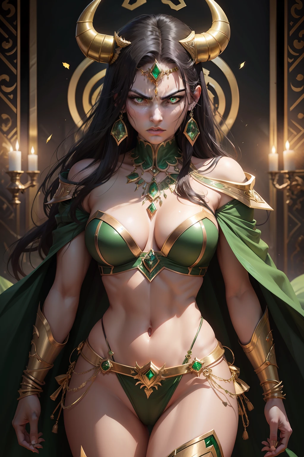 taurus feminine zodiac sign woman with dark and witchy vibe aesthetic with emerald green armor, defined muscles, gold jewelry, angry face, Taurus symbol in gold, no watermark