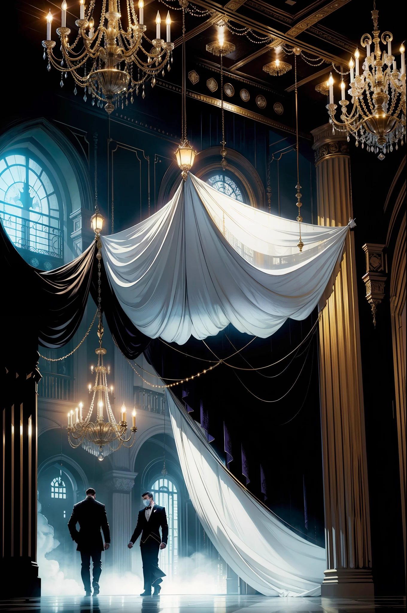 A large chandelier hanging from the ceiling of the Gotham City Theatre falls to the floor on top of a man, vestido com roupa de gala, is wearing a white mask covering half of his face