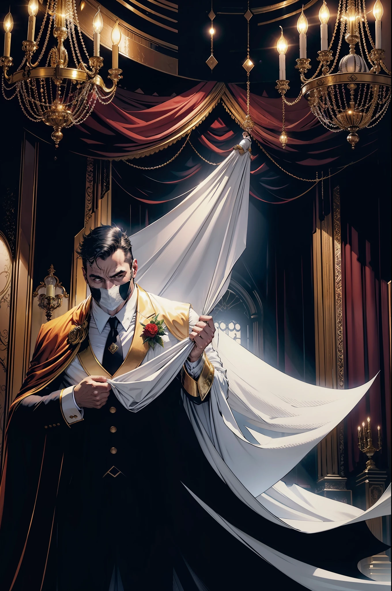 A large chandelier hanging from the ceiling of the Gotham City Theatre falls to the floor on top of a man, vestido com roupa de gala, is wearing a white mask covering half of his face