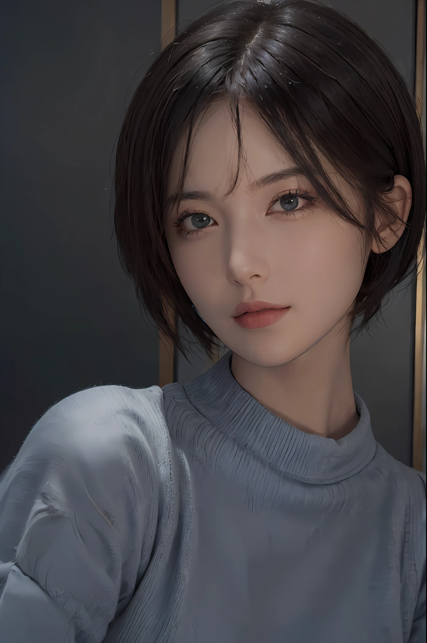 (masterpiece:1.3), (8k, photorealistic, RAW photo, best quality: 1.4), (1girl), beautiful face, (realistic face), (black hair, short hair:1.3), beautiful hairstyle, realistic eyes, beautiful detailed eyes, (realistic skin), beautiful skin, (sweater), absurdres, attractive, ultra high res, ultra realistic, highly detailed, golden ratio