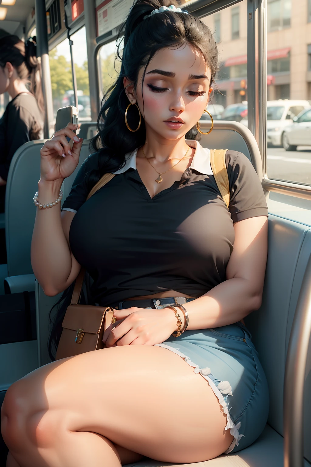 1 beautiful woman, large body, beautiful young woman, eyes closed, white polo shirt with neckline and gold embroidery, Latina woman, face made up, eyes closed, long eyelashes, black hair, hair tied up in a tail, short ponytail, made up eyelids, Long blue jeans, white sneaker, colored eye shadow, eyeliner, hoop earrings, eyelids outlined with makeup, open mouth, brown bag, asleep on the bus, hands resting on her thigh, pearl bracelet on her wrist, asleep with her mouth open, asleep leaning against the final seat of the bus, sitting on the side of the bus window, her mouth open, looking out the window, nodding.