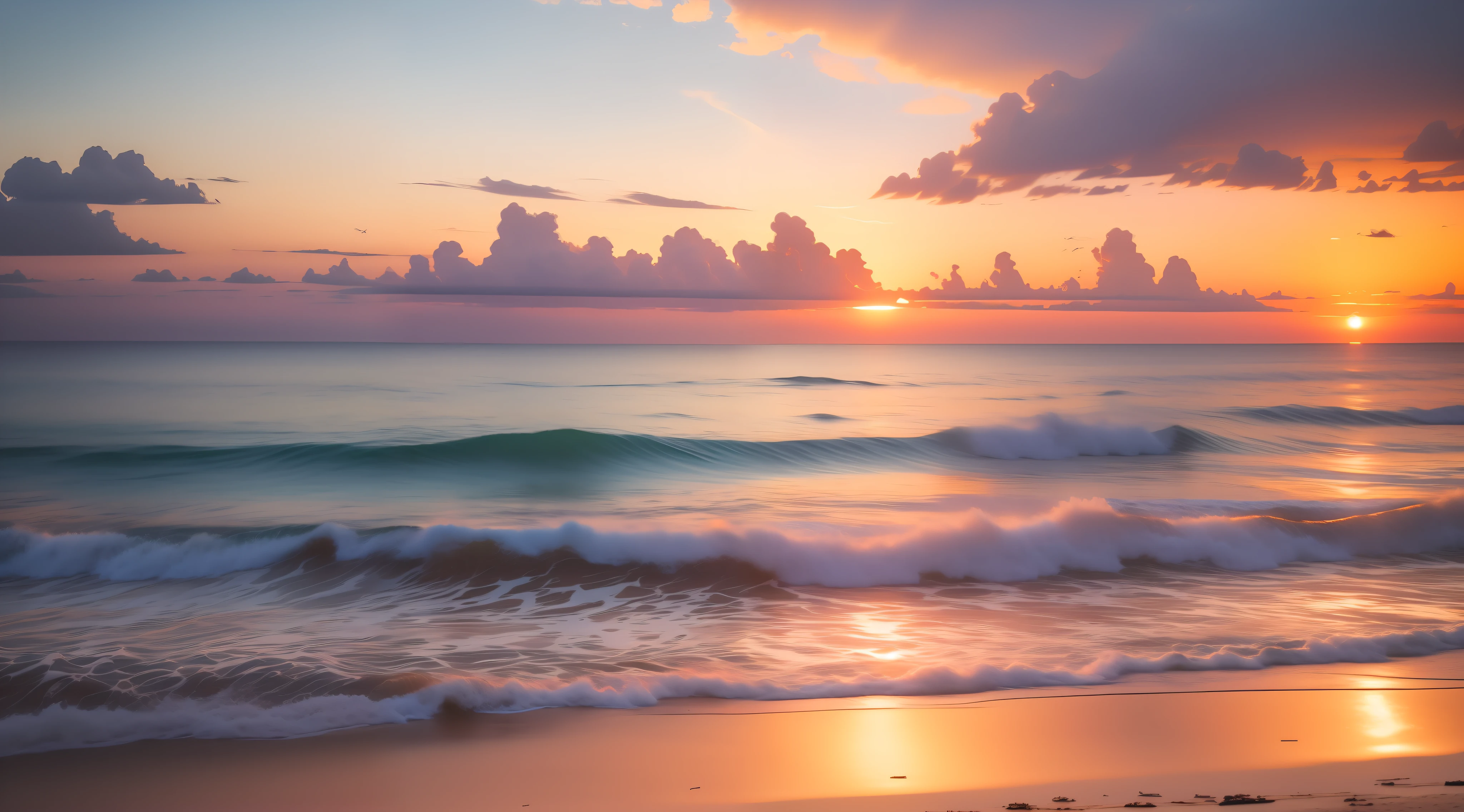 Ocean sunset，The waves lap against the beach, pastel colored sunrise, beautiful sunrise, Beautiful ocean, Sunrise, pastel sunset, vibrant sunrise, sunrise colors, clouds and waves, beach sunset background, sunset at the beach, which shows a beach at sunset, calm ocean waves, Early morning sunrise, sunset at the beach, Beautiful sunset, beautiful waves in sea, serene colors