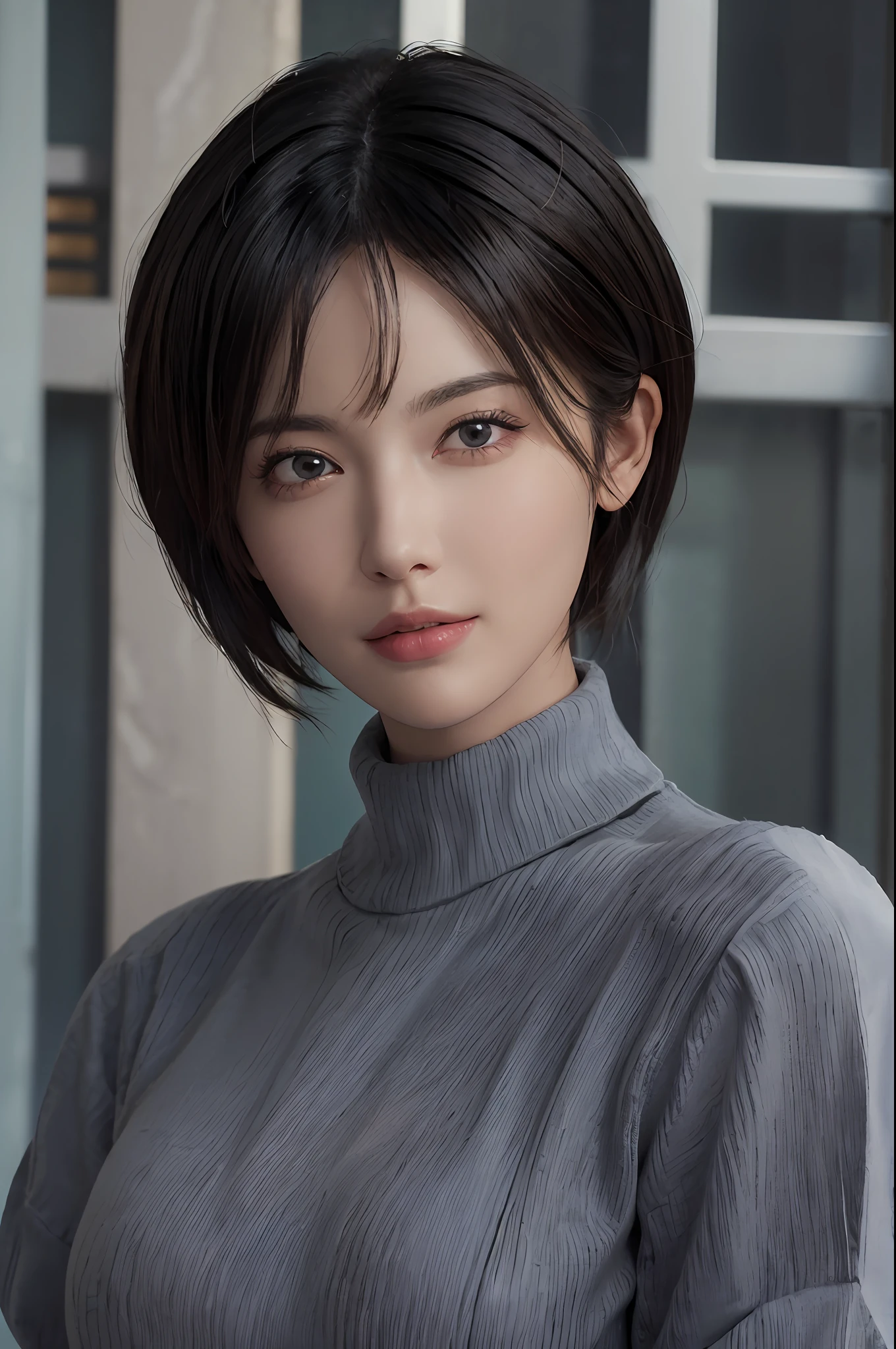(masterpiece:1.3), (8k, photorealistic, RAW photo, best quality: 1.4), (1girl), beautiful face, (realistic face), (black hair, short hair:1.3), beautiful hairstyle, realistic eyes, beautiful detailed eyes, (realistic skin), beautiful skin, (sweater), absurdres, attractive, ultra high res, ultra realistic, highly detailed, golden ratio