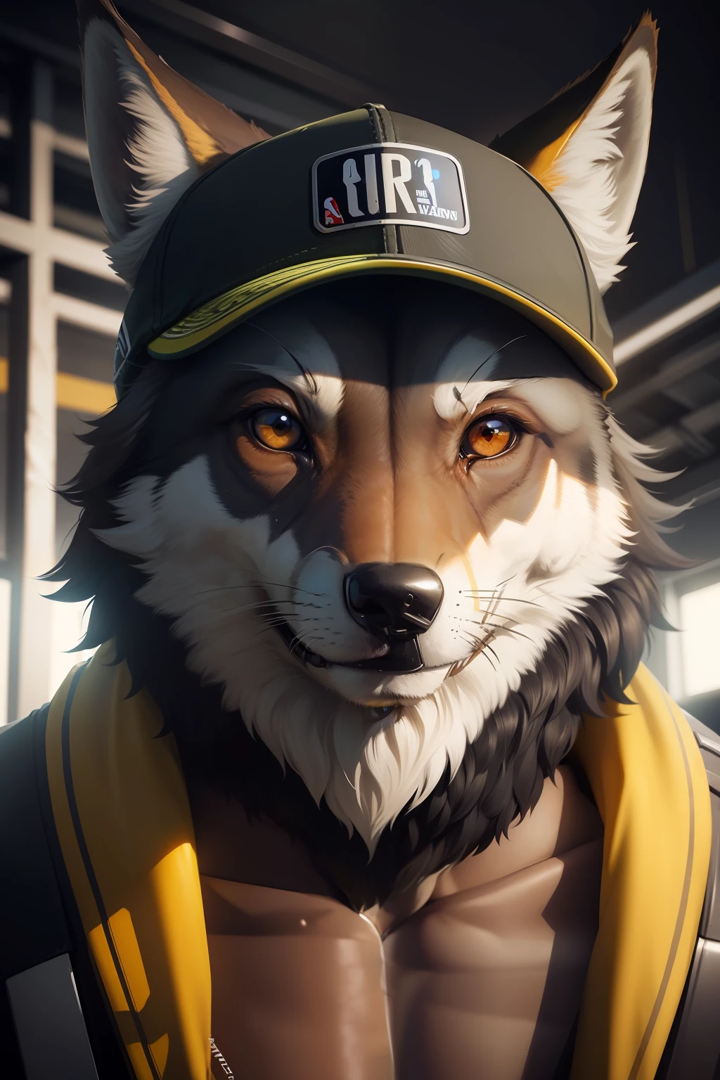 Draw a fantastic American wolf snout with a predatory smile, um olhar de jogo e olhos vermelhos, (tiro escuro: 1.17), epicamente realista, desbotado, ((cores neutras)), arte, (hdr: 1.5), (cores silenciadas: 1.2), hiper detalizado, (art-station: 1.5), cinemactic, luz quente, dramatic light, (detalhes complexos: 1.1), muito detalhado, 8k, hd, cor cheia, depth of field at a distance, imagem perspectiva frontal igual foto de documento, With NBA style cap in shades of black.