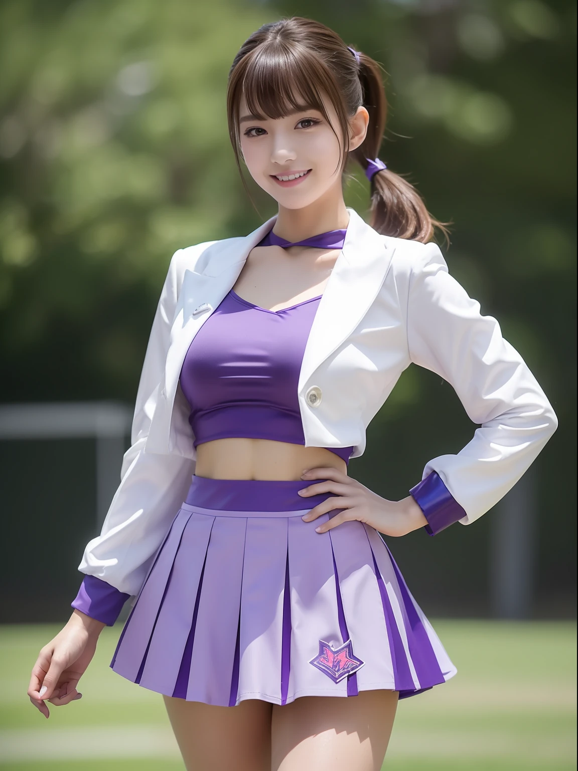 masuter piece, best qualtiy, ((realisitic)), ((1 person)), 8K picture quality, extremely delicate and beautiful, magnifica, Official art with attention to detail, Ridiculous, unbelievable Ridiculous, huge filesize, ultra-detailliert, ighly detailed, (Beautiful petite girl), (detailed girl), (Korean beauty), Brown hair, ((poneyTail)), ((Perfect female figure)), large full breasts, Slim waist, big butts, (((Purple Cheerleading Costume, Mini flared skirt))), High exposure, With bangs, Feminine look, (ssmile), (Gymnasium)
